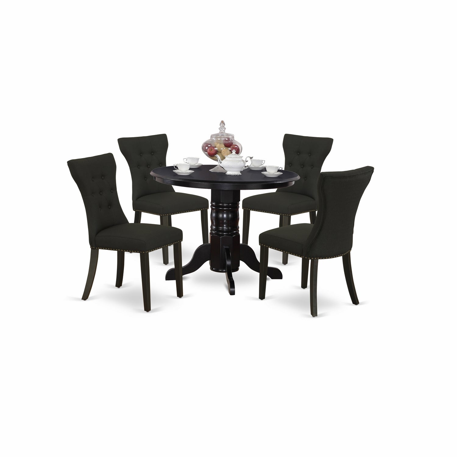 East-West Furniture SHGA5-BLK-24 5-Piece Small Dining Table Set- 4 Upholstered Dining Chairs and Dining Table Solid Wood Frame -High Back & Black Finish