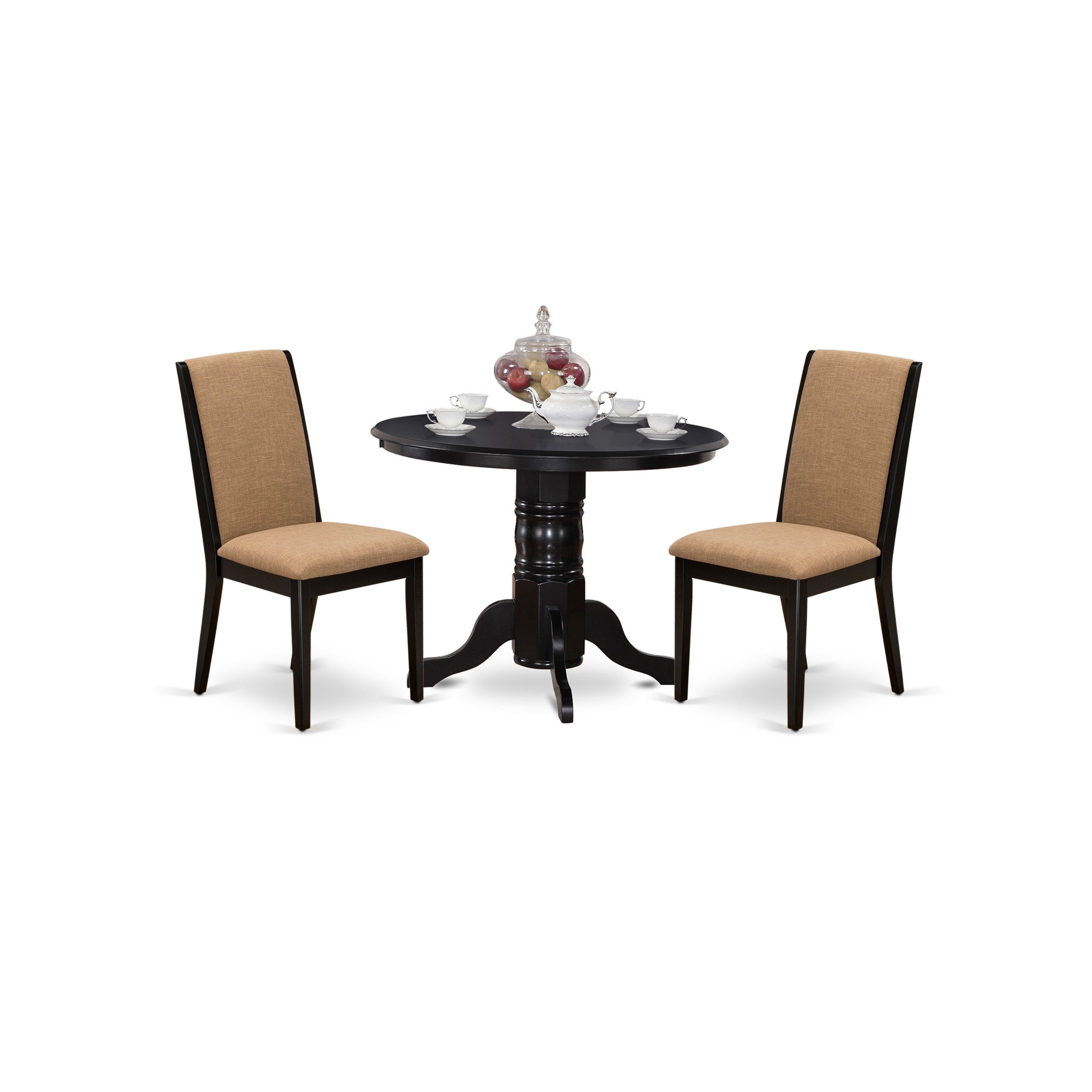Juego de mesa de comedor moderna de 3 piezas East West Furniture SHLA3-BLK-47. Incluye una mesa de cocina redonda con pedestal y dos sillas de comedor Parson de tela de lino color sable claro.