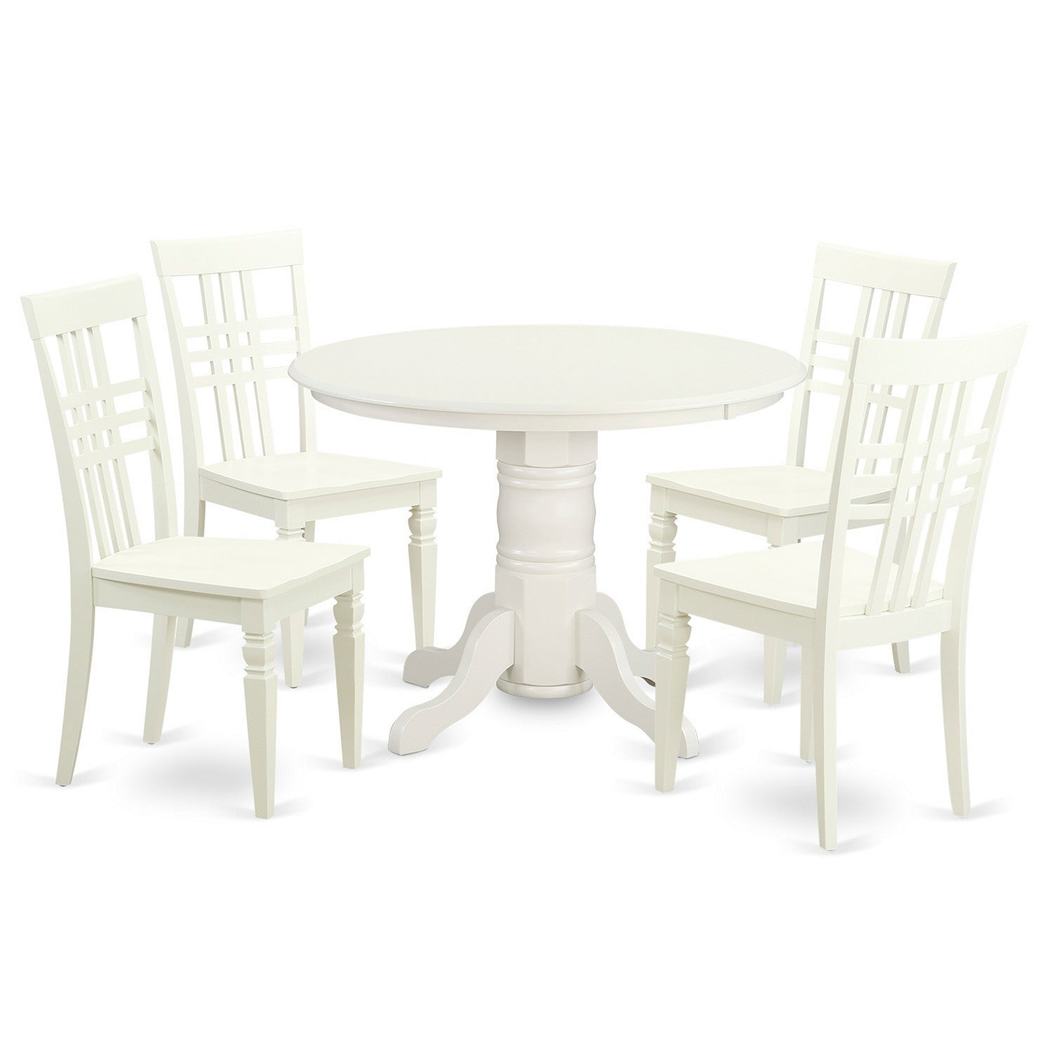 Juego de mesa de comedor de 5 piezas East West Furniture SHLG5-LWH-W. Incluye una mesa redonda de madera con pedestal y 4 sillas de comedor de cocina.