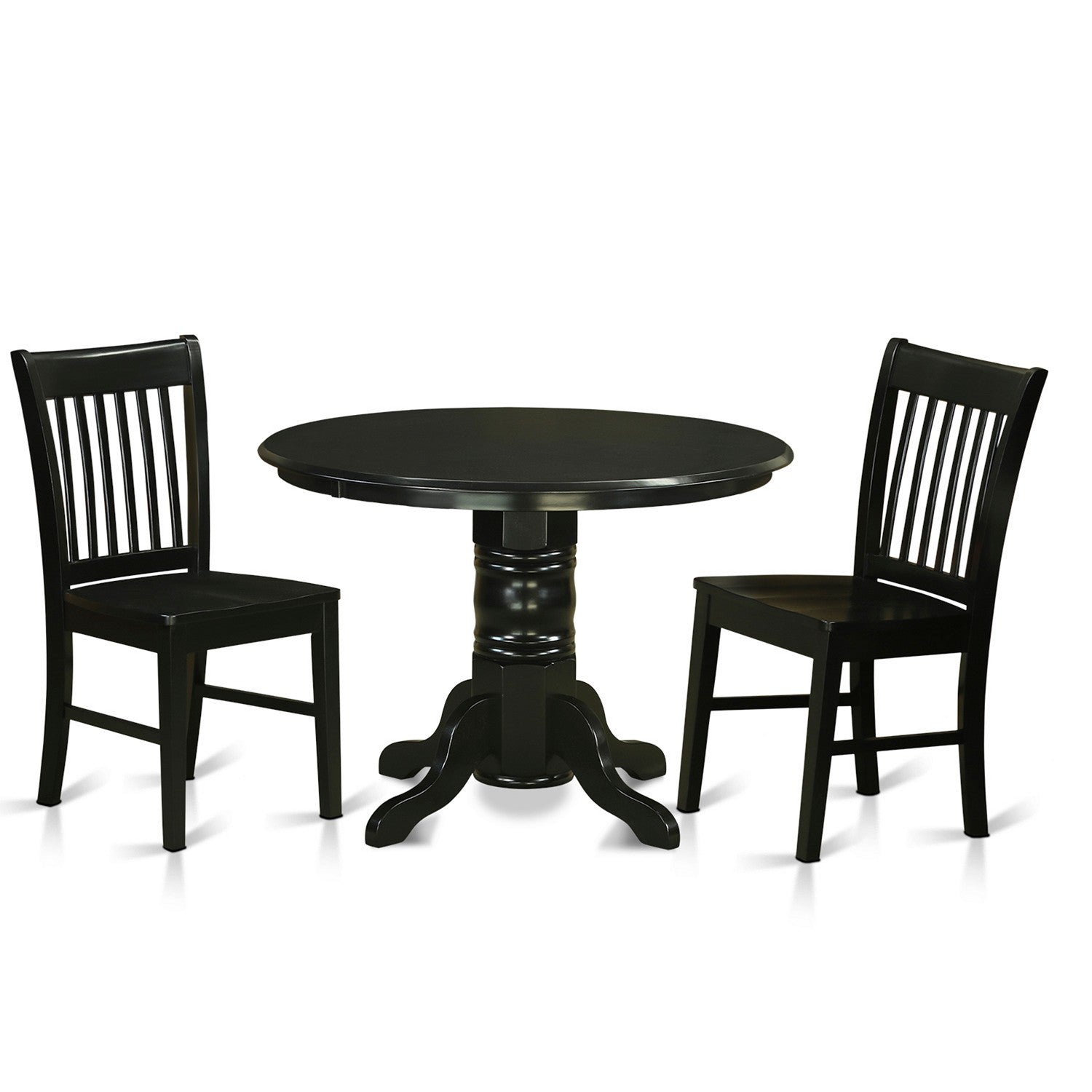 Juego de muebles de comedor de 3 piezas East West Furniture SHNO3-BLK-W. Contiene una mesa de comedor redonda con pedestal y 2 sillas con asiento de madera.