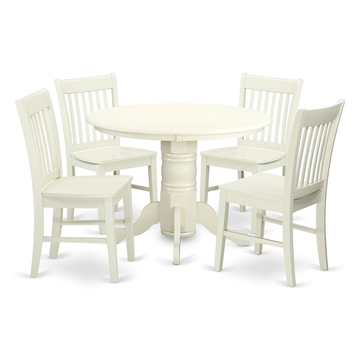 SHNO5-WHI-W 5 Piece Shelton Set With One Round Dinette Table And Four Dinette Chairs With Solid Wood Seat In A Beautiful Linen White Finish.