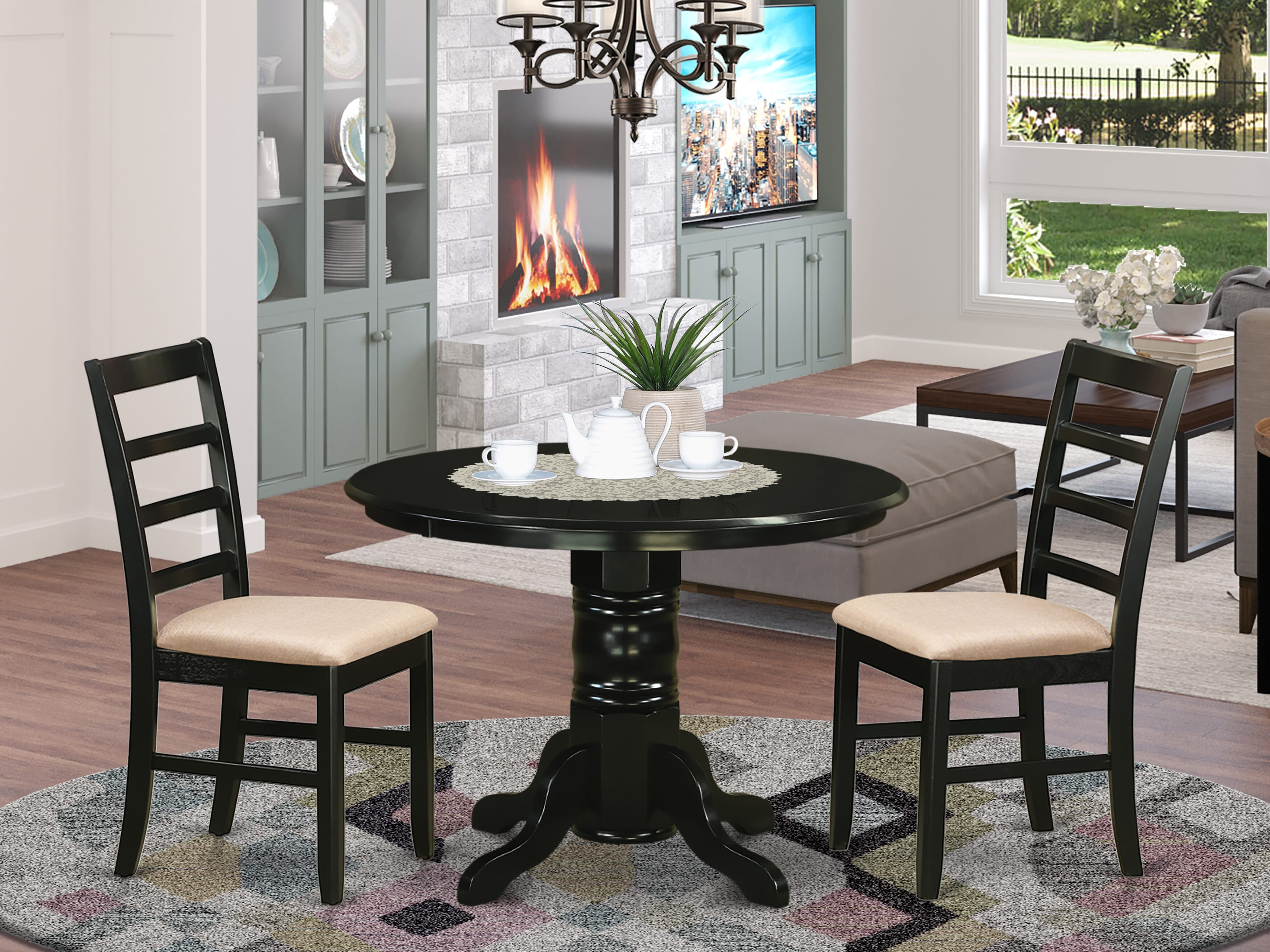Juego de mesa de comedor de 3 piezas East West Furniture SHPF3-BLK-C para espacios pequeños. Contiene una mesa de cocina redonda con pedestal y 2 sillas de comedor de cocina de tela de lino.