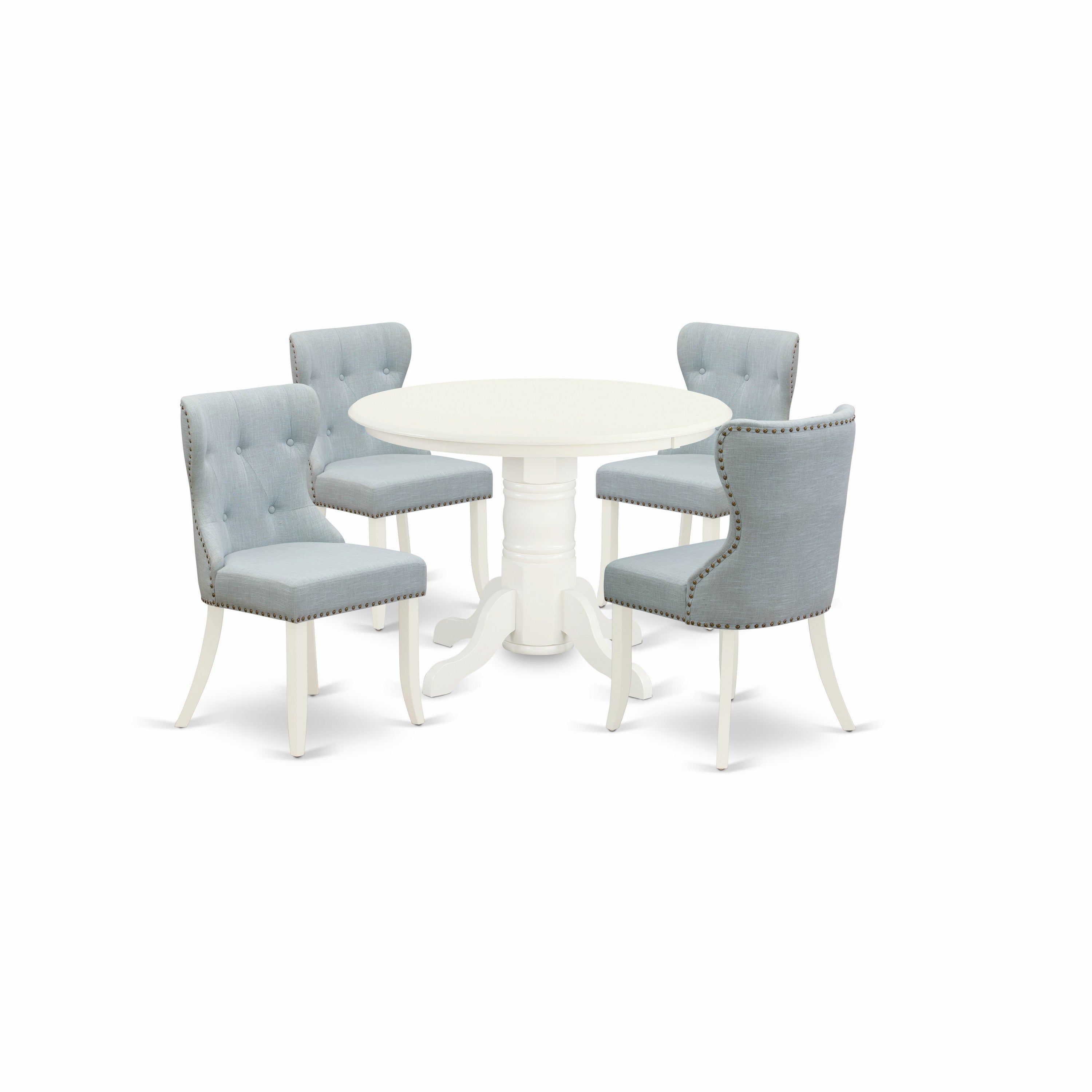 East-West Furniture SHSI5-WHI-15 - A dining room table set of 4 amazing parson chairs with Linen Fabric Baby Blue color and a gorgeous wood table with Linen White color