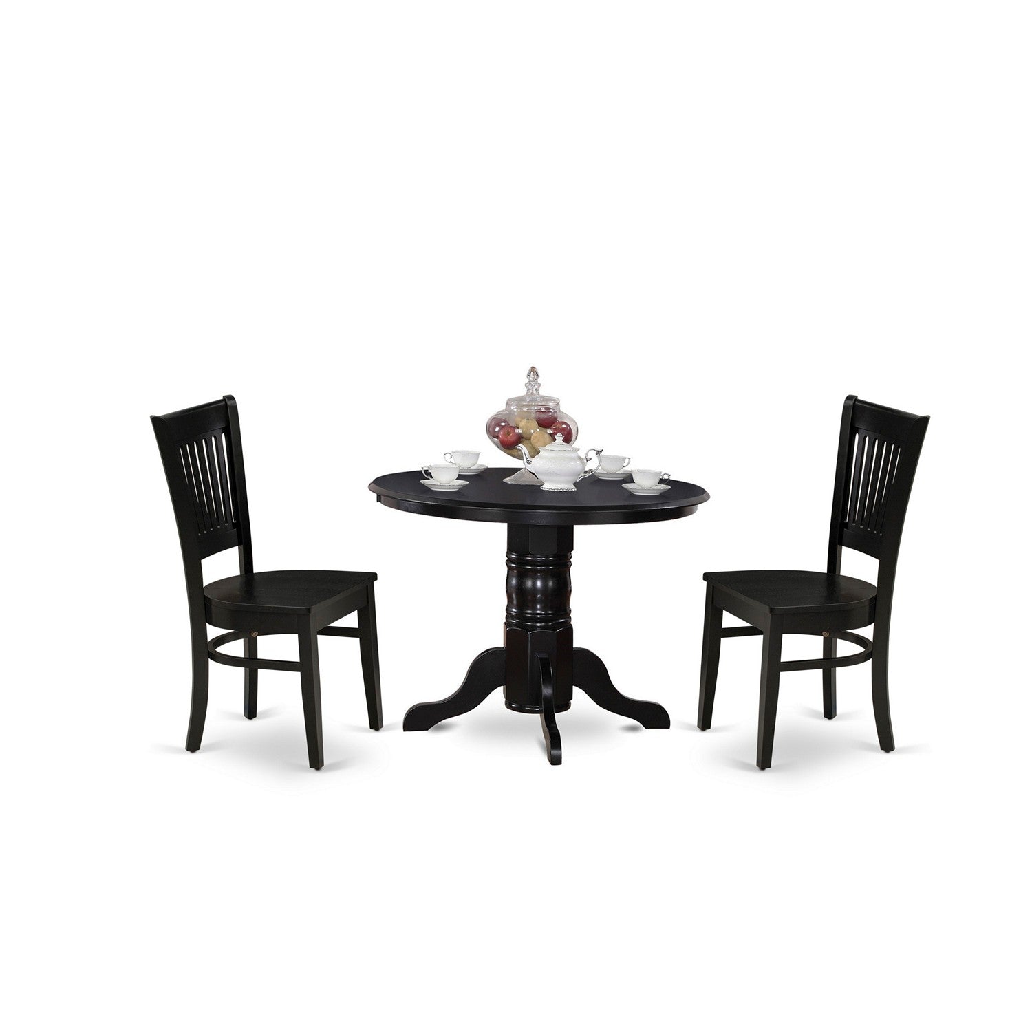 EAST WEST FURNITURE - SHVA3-BLK-W - 3-Piece Modern Dining Table Set- 2 Modern Chair and Kitchen Dining Table - Wooden Seat and Slatted Chair Back (Black Finish)
