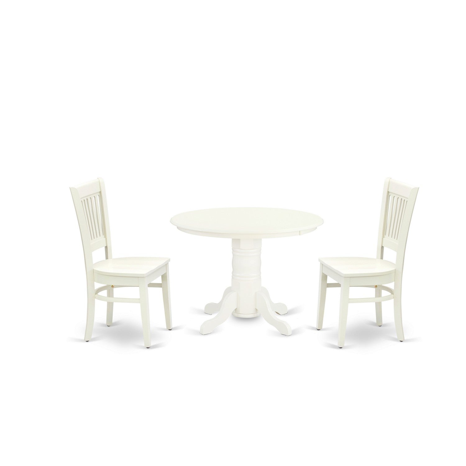 EAST WEST FURNITURE - SHVA3-LWH-W - 3-Pc Dining Room Set- 2 Wooden Dining Chairs and Round Dining Room Table - Wooden Seat and Slatted Chair Back (linen white Finish)