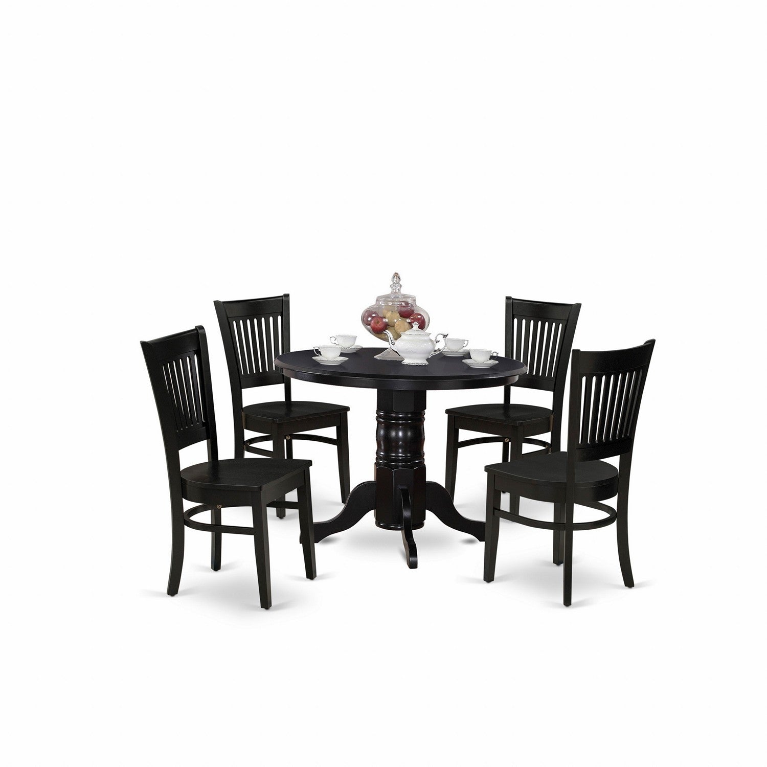 Juego de comedor de 5 piezas East West Furniture SHVA5-BLK-W. Incluye una mesa de cocina redonda con pedestal y 4 sillas de comedor.
