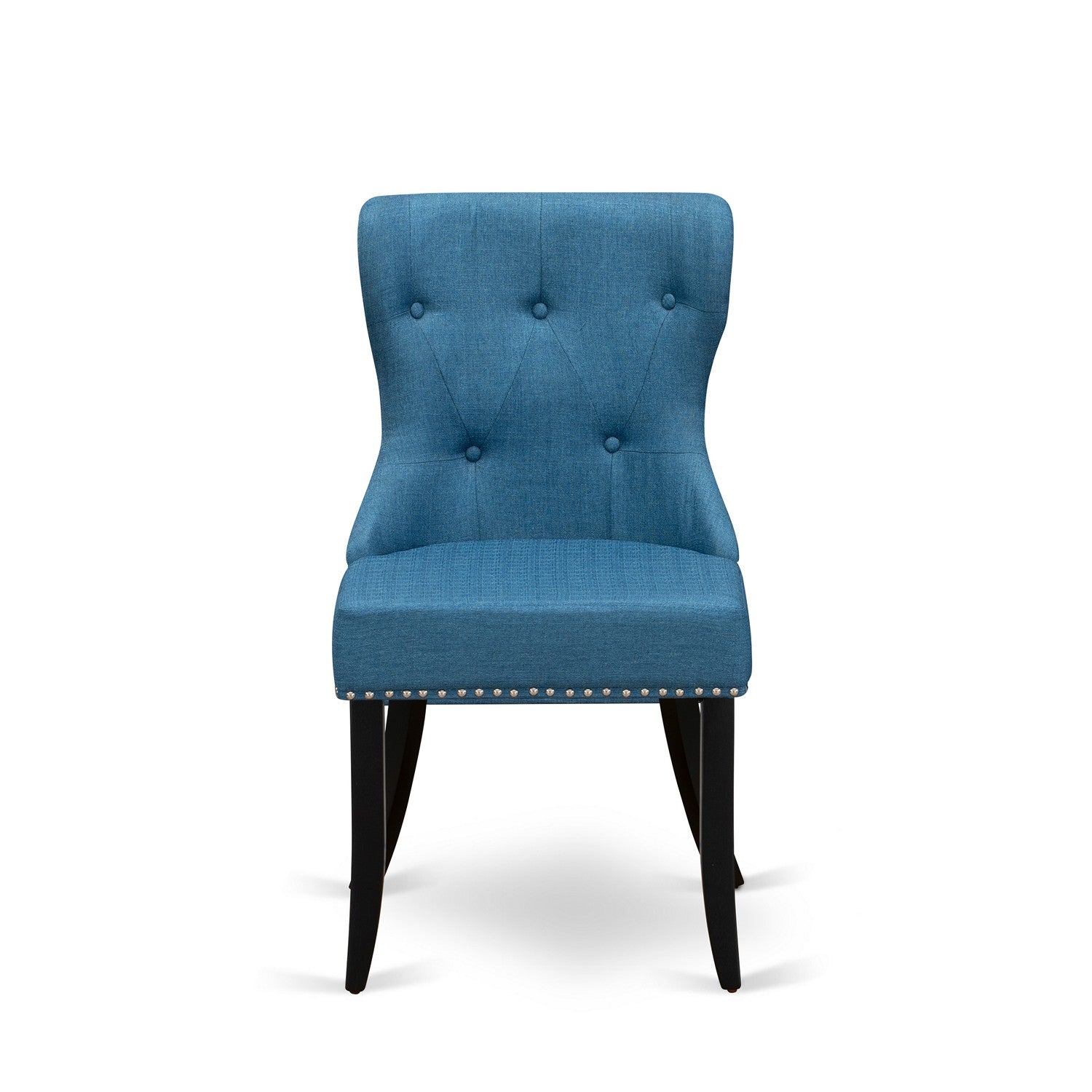 East-West Furniture DLSI3-BLK-21 - A dining room table set of two amazing indoor dining chairs with Linen Fabric Mineral Blue color and a fantastic wood pedestal kitchen table using Black color