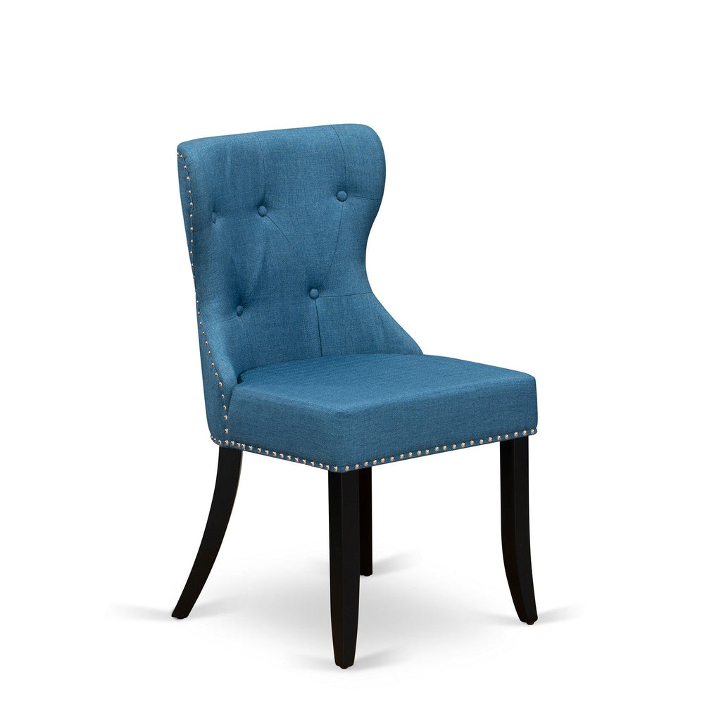 East West Furniture WESI5-BLK-21 5 Piece Dining Room Furniture Set Includes a Rectangle Wooden Table with Butterfly Leaf and 4 Blue Linen Fabric Parson Dining Chairs