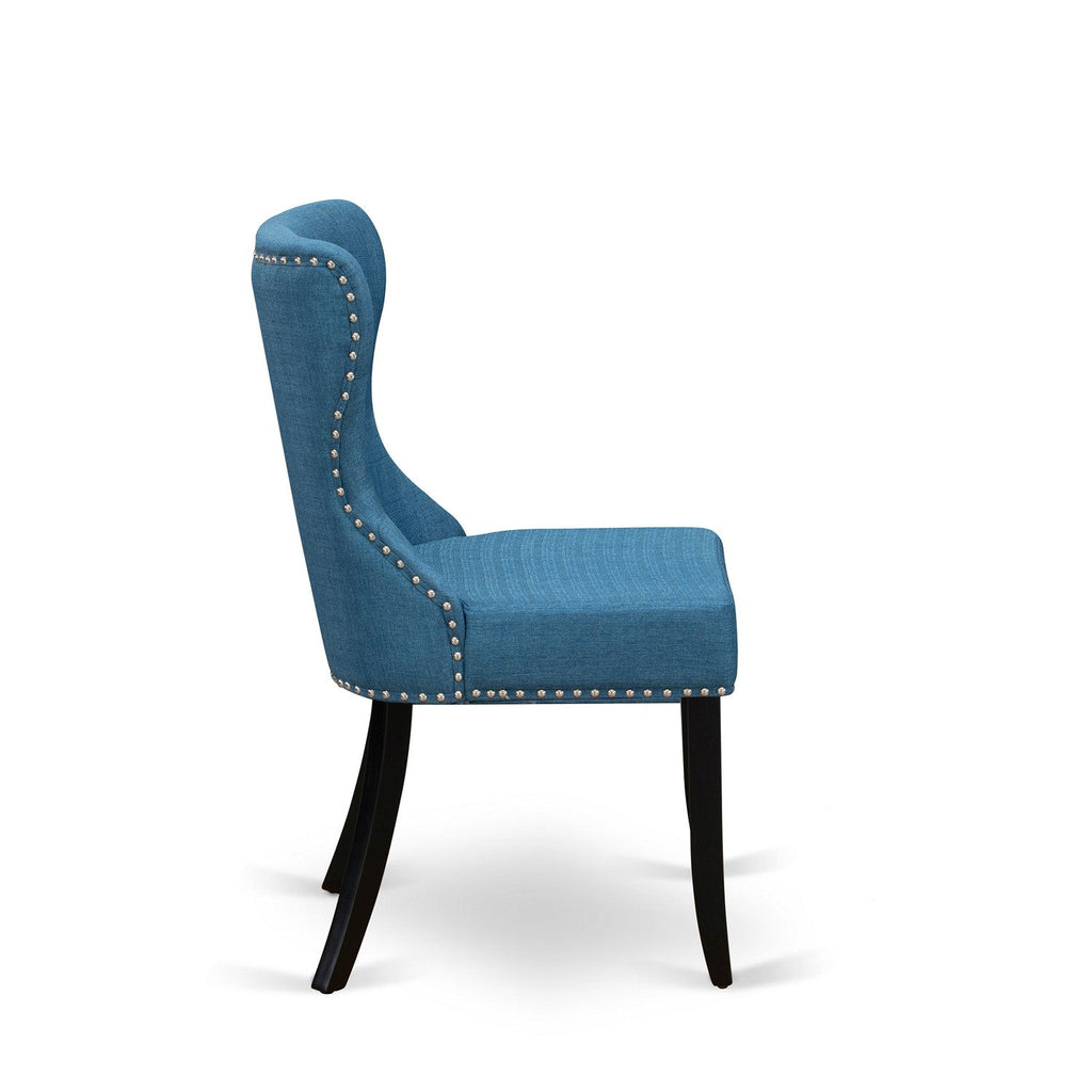 East West Furniture V696SI121-5 5 Piece Dinette Set Includes a Rectangle Dining Room Table with V-Legs and 4 Blue Linen Fabric Upholstered Parson Chairs