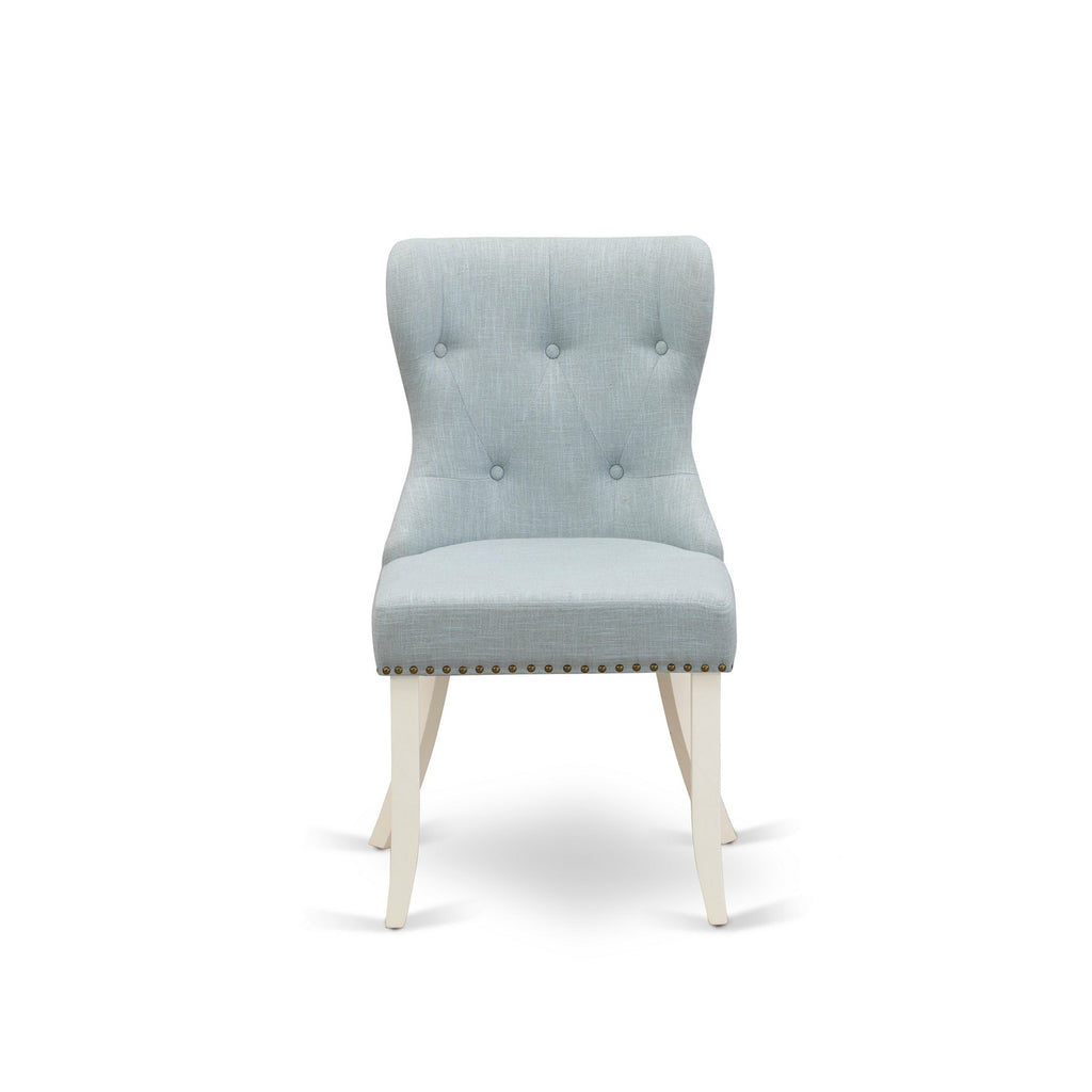 Juego de mesa de comedor de 3 piezas East West Furniture AMSI3-LWH-15 para espacios pequeños. Incluye una mesa de cocina redonda con pedestal y dos sillas Parsons de tela de lino azul bebé.