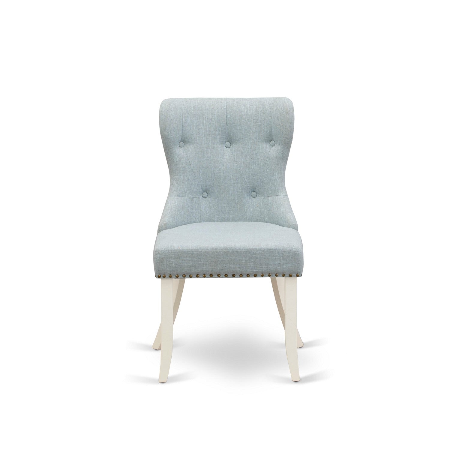 East West Furniture X076SI215-5 5-Piece Modern Dining Table Set- 4 Dining Chair with Baby Blue Linen Fabric Seat and Button Tufted Chair Back - Rectangular Table (Distressed Jacobean Finish)