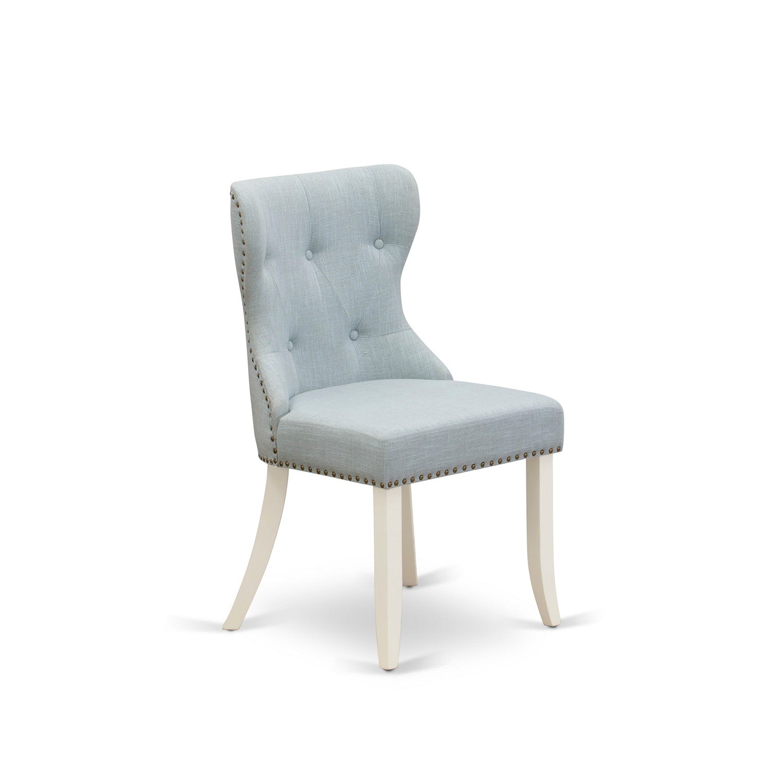 Juego de mesa de comedor East West Furniture V097SI215-7 de 7 piezas compuesto por una mesa de cocina rectangular con patas en V y 6 sillas de comedor Parson de tela de lino azul bebé.