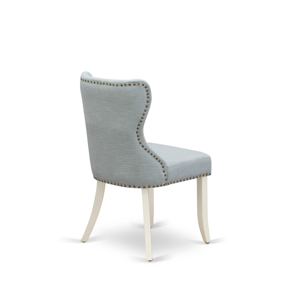 Juego de mesa de comedor de 3 piezas East West Furniture AMSI3-LWH-15 para espacios pequeños. Incluye una mesa de cocina redonda con pedestal y dos sillas Parsons de tela de lino azul bebé.