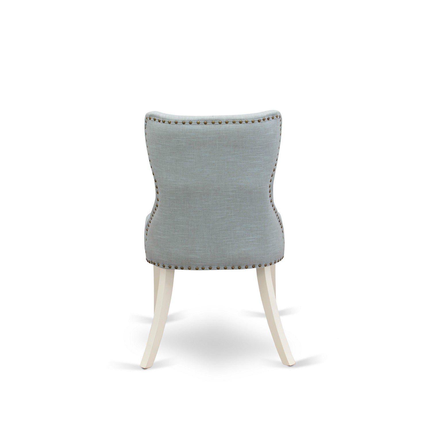 East West Furniture 7-Piece Dining Set- 6 kitchen chairs with Baby Blue Linen Fabric Seat and Button Tufted Chair Back - Rectangular Table top & Wooden Legs - Distressed Jacobean and linen white Finish
