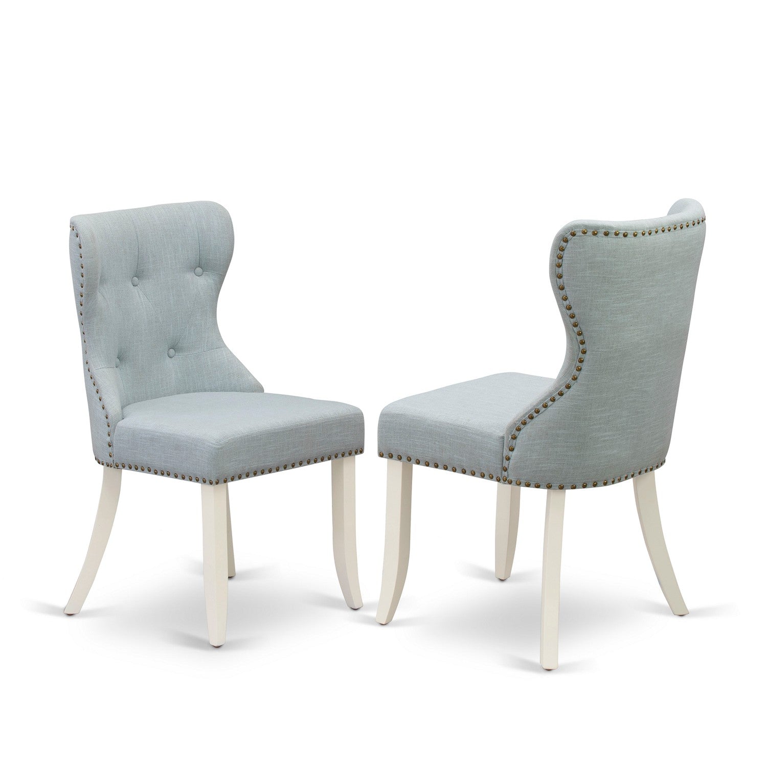 East West Furniture X076SI215-5 5-Piece Modern Dining Table Set- 4 Dining Chair with Baby Blue Linen Fabric Seat and Button Tufted Chair Back - Rectangular Table (Distressed Jacobean Finish)