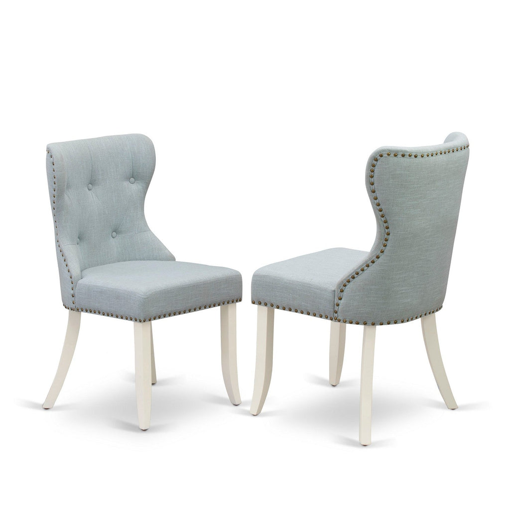 East West Furniture SIP2T15 Sion Parson Kitchen Chairs - Button Tufted Nailhead Trim Baby Blue Linen Fabric Upholstered Dining Chairs, Set of 2, Linen White