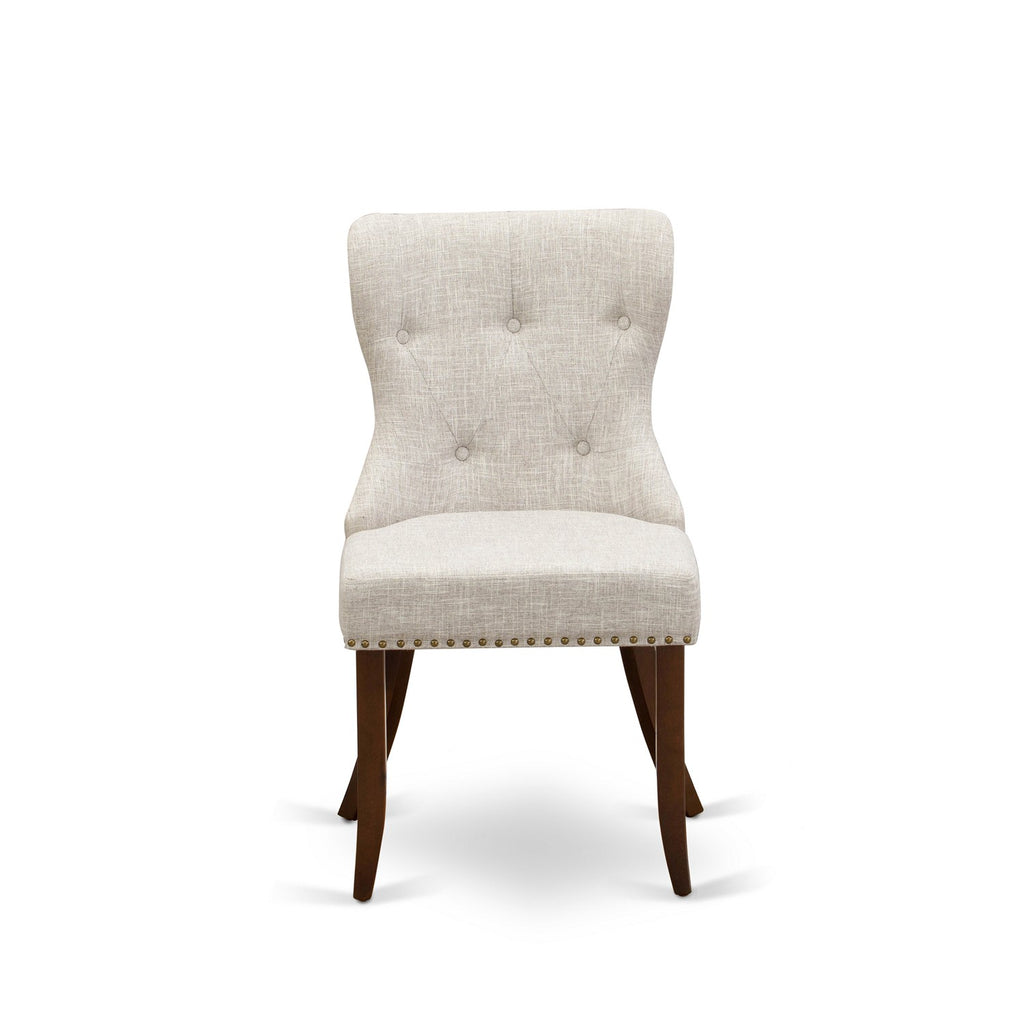 East West Furniture AMSI3-MAH-35 3 Piece Dining Room Table Set  Contains a Round Kitchen Table with Pedestal and 2 Doeskin Linen Fabric Parson Dining Chairs
