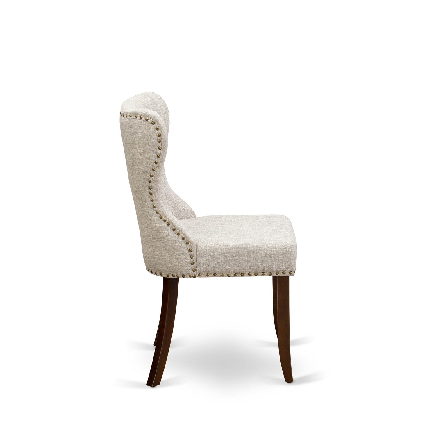 East-West Furniture HLSI5-MAH-35 - A dining room table set of 4 wonderful dining chairs using Linen Fabric Doeskin color and an attractive dinner table with Mahogany Finish