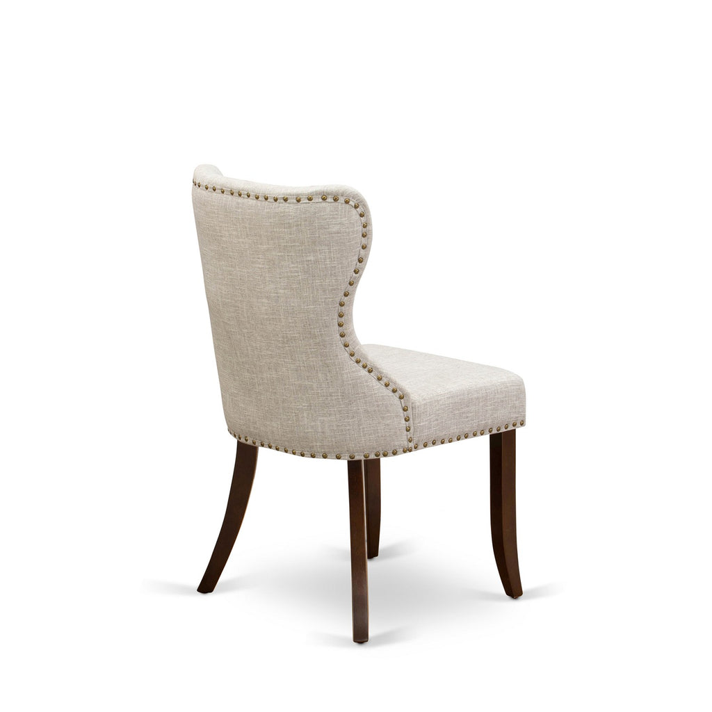 East West Furniture AMSI3-MAH-35 3 Piece Dining Room Table Set  Contains a Round Kitchen Table with Pedestal and 2 Doeskin Linen Fabric Parson Dining Chairs