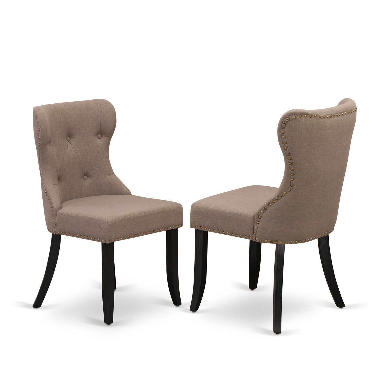 East West Furniture X676SI648-7 7-Piece Dining Set- 6 Mid Century Dining Chairs with Coffee Linen Fabric Seat and Button Tufted Chair Back - Rectangular Table top & Wooden Cross Legs - Distressed Jacobean and Wire Brushed Black Finish