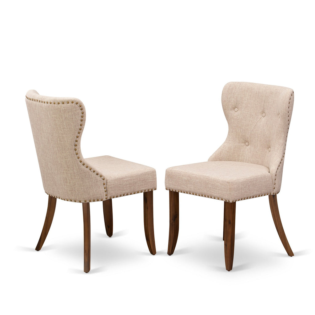 East West Furniture AMSI3-AWA-04 3 Piece Dining Table Set for Small Spaces Contains a Round Kitchen Table with Pedestal and 2 Light Tan Linen Fabric Parson Chairs