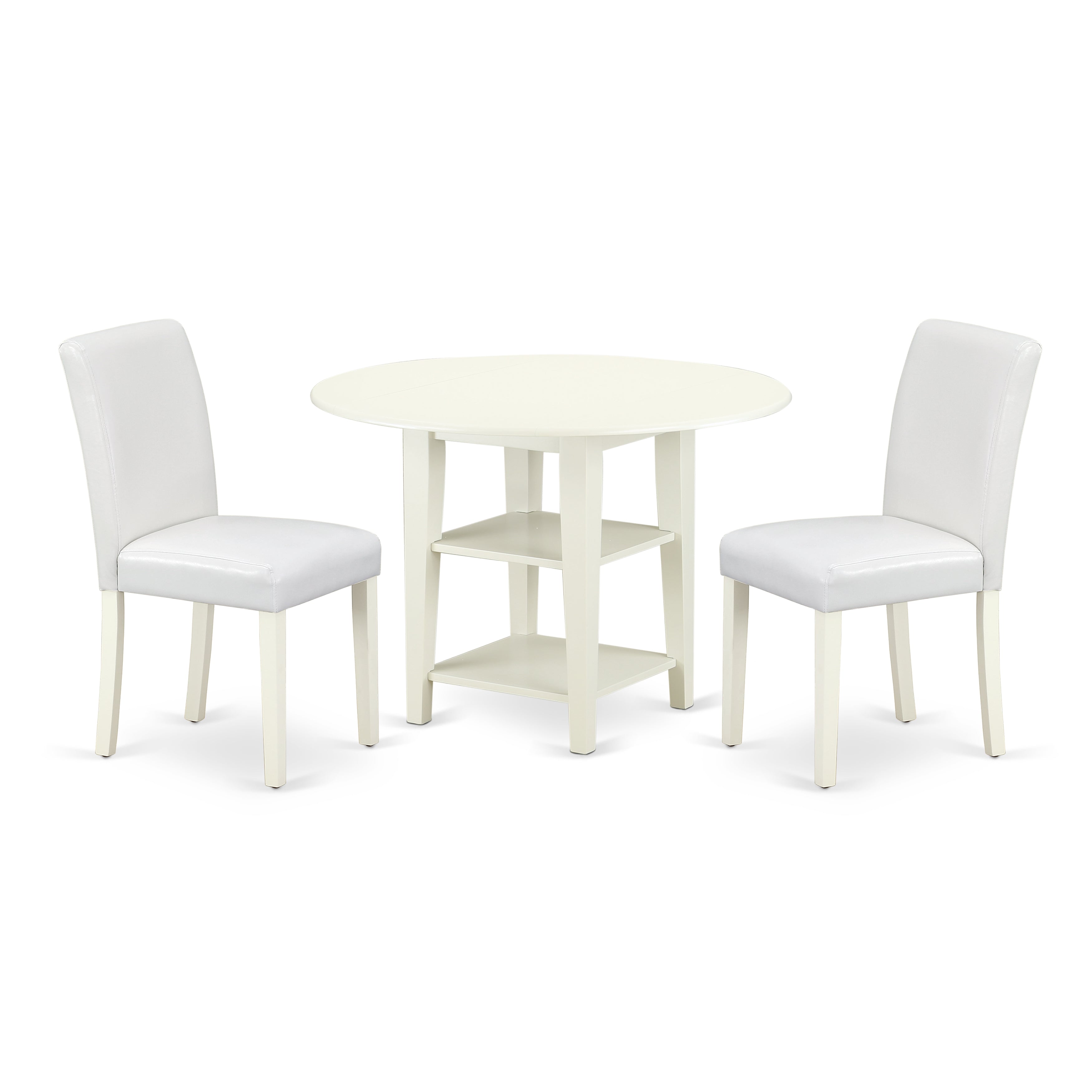 Juego de mesa de comedor moderna de 3 piezas East West Furniture SUAB3-LWH-64. Incluye una mesa redonda de madera con hojas abatibles y estantes, y dos sillas de comedor Parson de piel sintética blanca.