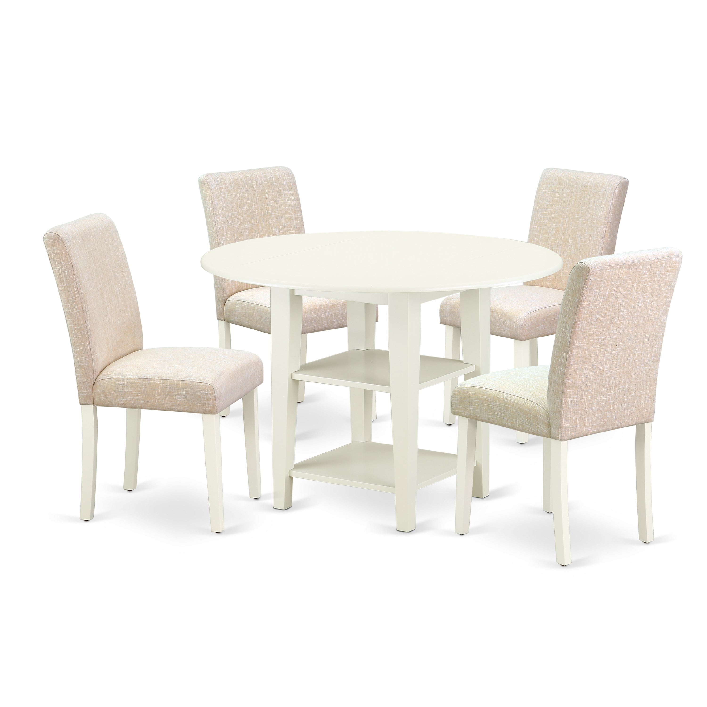 SUAB5-LWH-02 5Pc Round 20/42 Inch Dining Room Table With two 11-Inch-Inch Drop Leaves And Four Parson Chair With Linen White Leg And Linen Fabric Light Beige