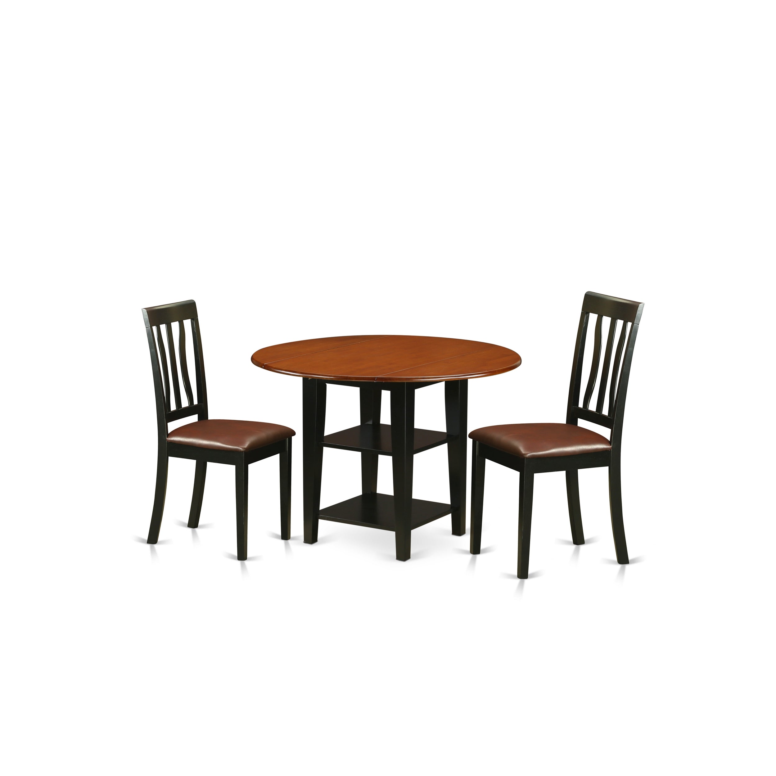 Juego de comedor de 3 piezas East West Furniture SUAN3-BCH-LC. Incluye una mesa de comedor redonda con alas abatibles y estantes, y 2 sillas tapizadas en piel sintética.