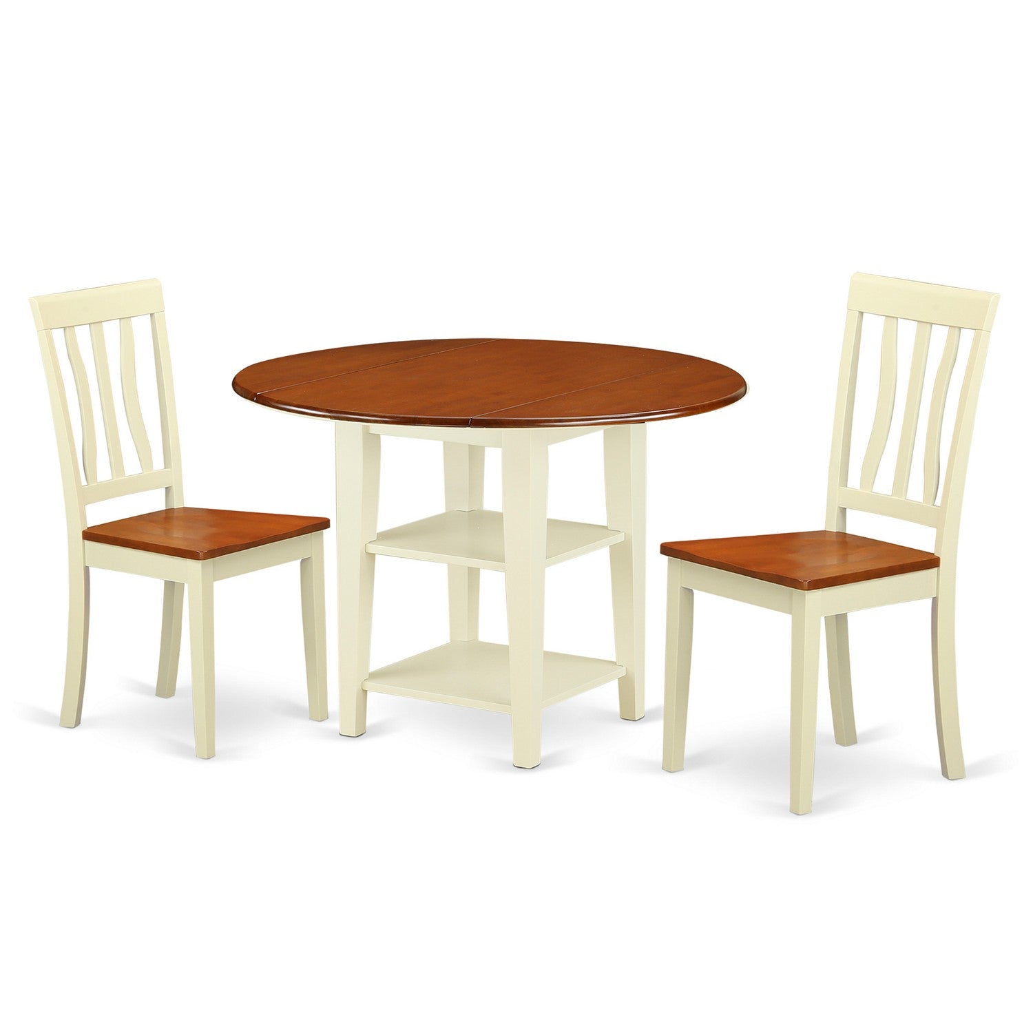 SUAN3-BMK-W 3 Piece Sudbury Set With One Round Dinette Table And Two Dinette Chairs With Wood Seat In A Beautiful Buttermilk and Cherry Finish.