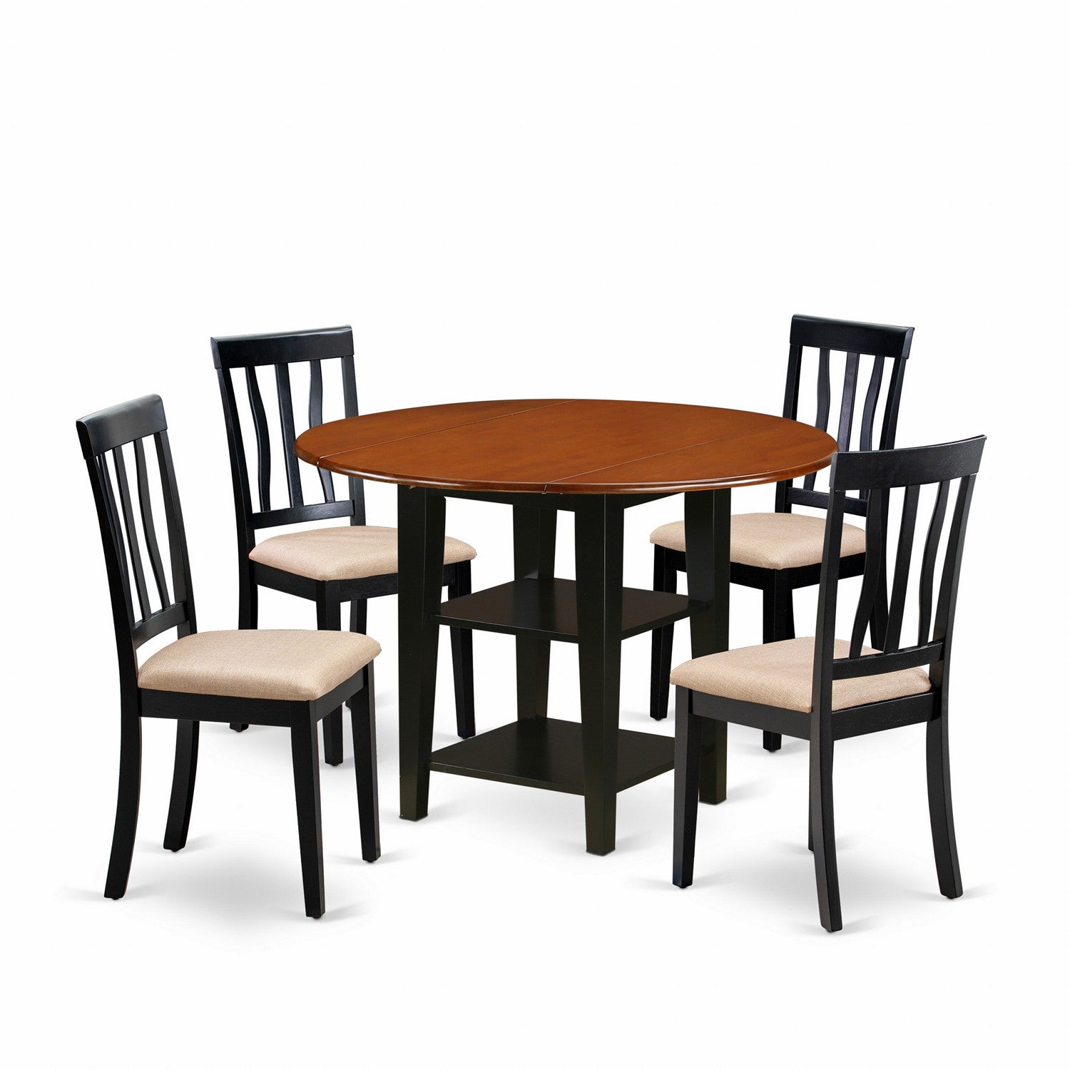 SUAN5-BCH-C 5 Piece Sudbury Set With One Round Dinette Table And 4 Dinette Chairs With Cushion Seat In A Beautiful Black and Cherry Finish.