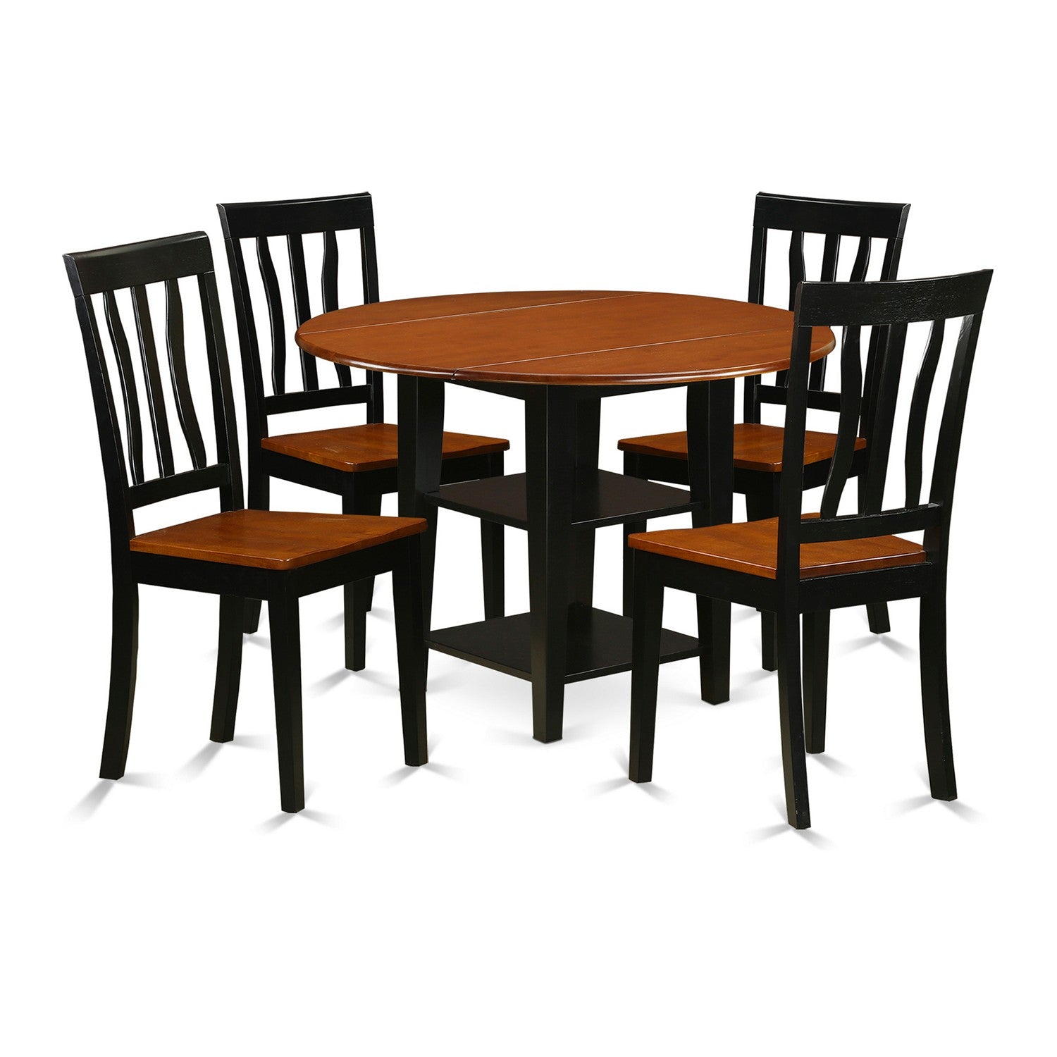 SUAN5-BCH-W 5 Piece Sudbury Set With One Round Dinette Table And Four Dinette Chairs With Wood Seat In A warm Black and Cherry Finish.