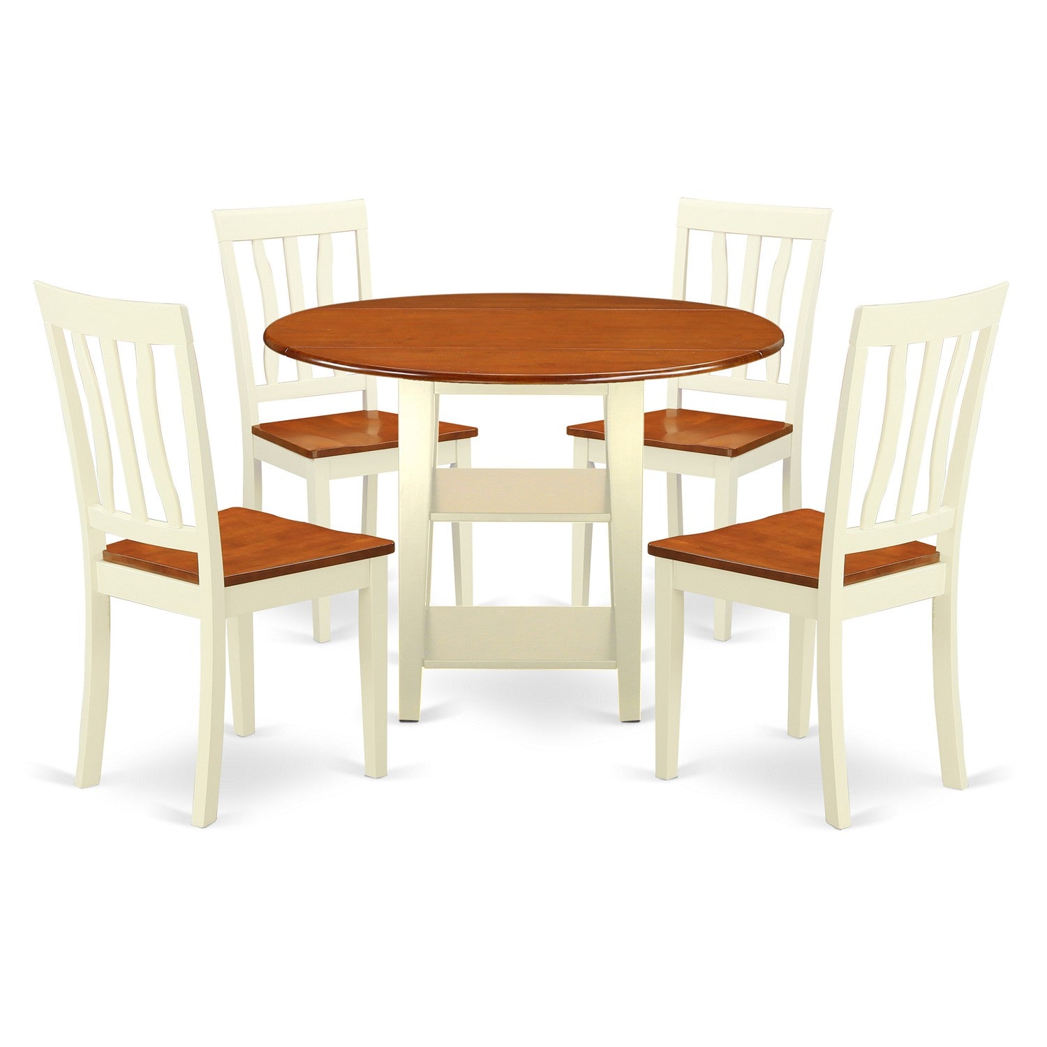 El juego de mesa de comedor moderno de 5 piezas East West Furniture SUAN5-BMK-W incluye una mesa redonda de madera con hojas abatibles y estantes, y 4 sillas de comedor.