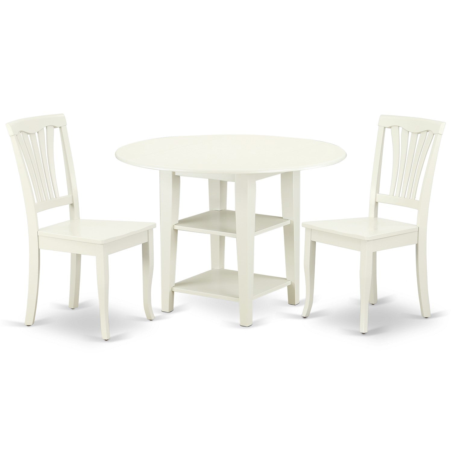 SUAV3-LWH-W 3PC Round 20/42 inch Table with two11-Inch Drop Leaves and 2 vertical slatted Chairs