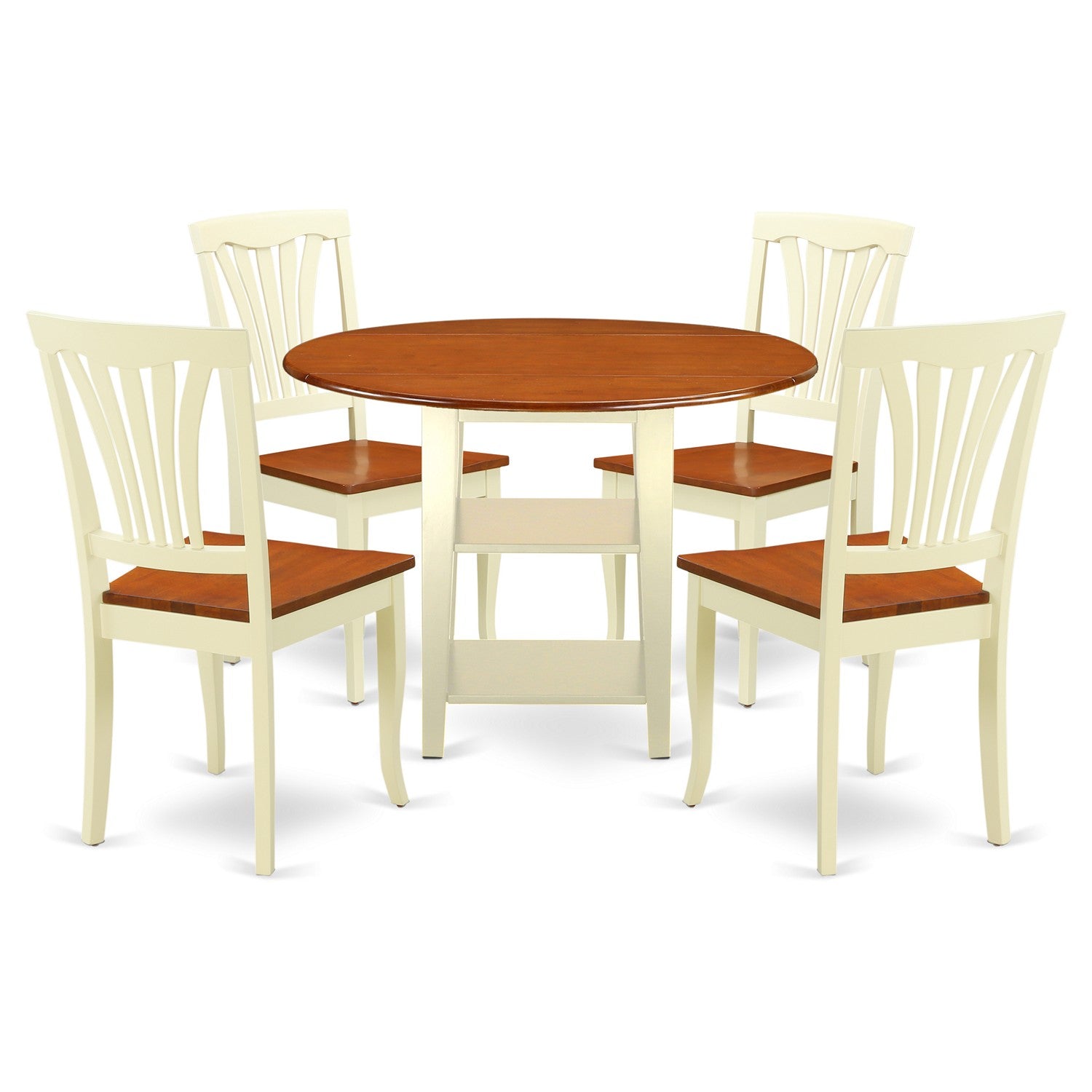 El juego de comedor de 5 piezas East West Furniture SUAV5-BMK-W incluye una mesa de comedor redonda con hojas abatibles y estantes, y 4 sillas con asiento de madera.