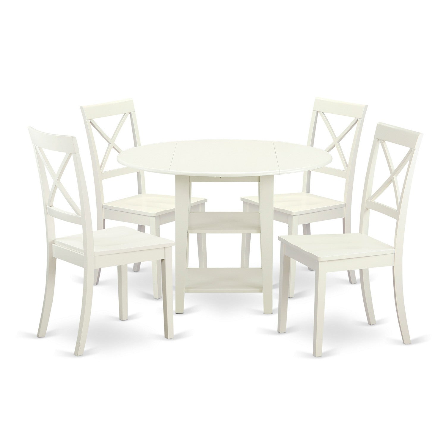 El juego de comedor de 5 piezas SUBO5-LWH-W de East West Furniture incluye una mesa de comedor redonda con hojas abatibles y estantes, y 4 sillas con asiento de madera.