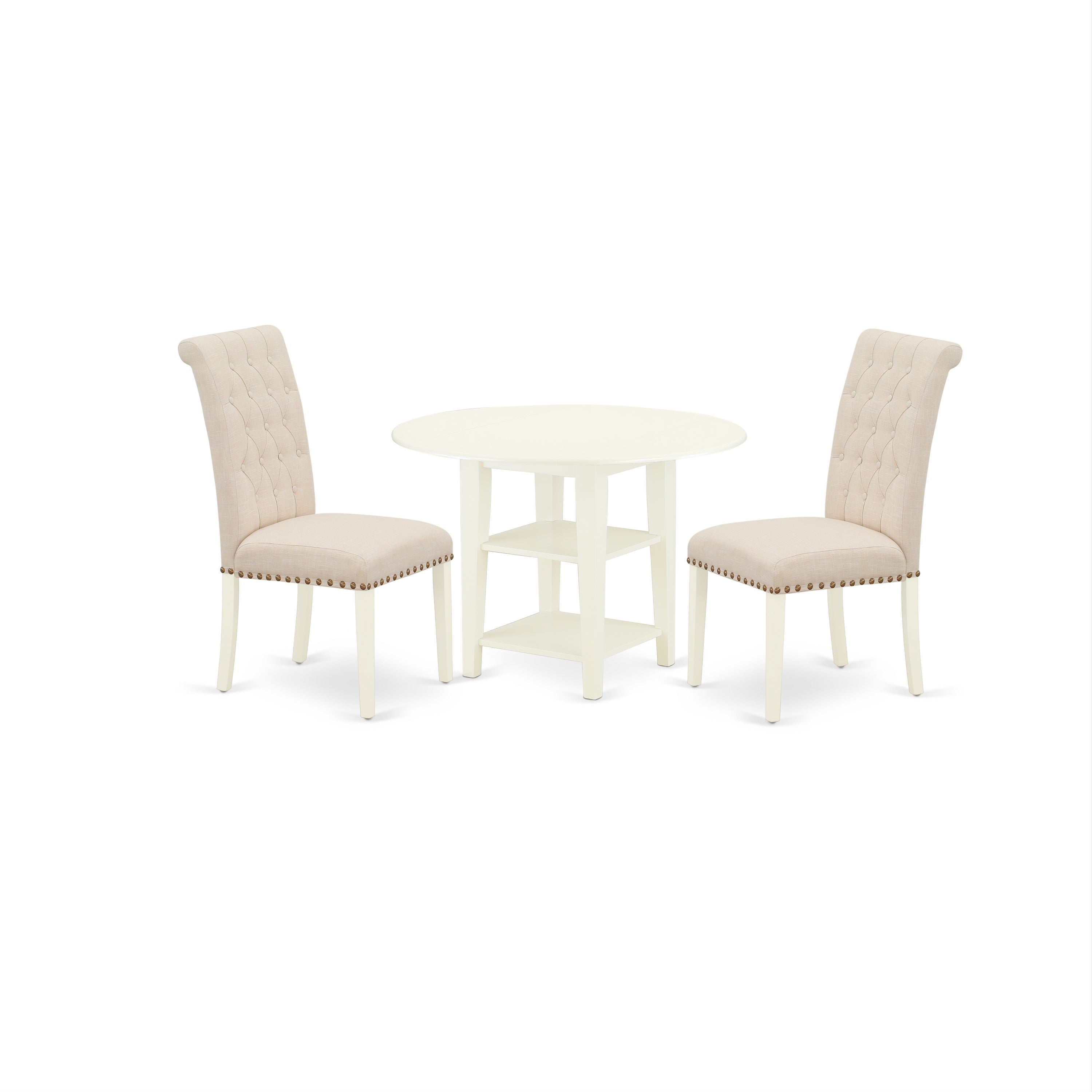 SUBR3-LWH-02 3Pc Dinette Set Includes a Round Dining Table with Drop Leaves and Two Parson Chairs with Light Beige Fabric, Linen White Finish