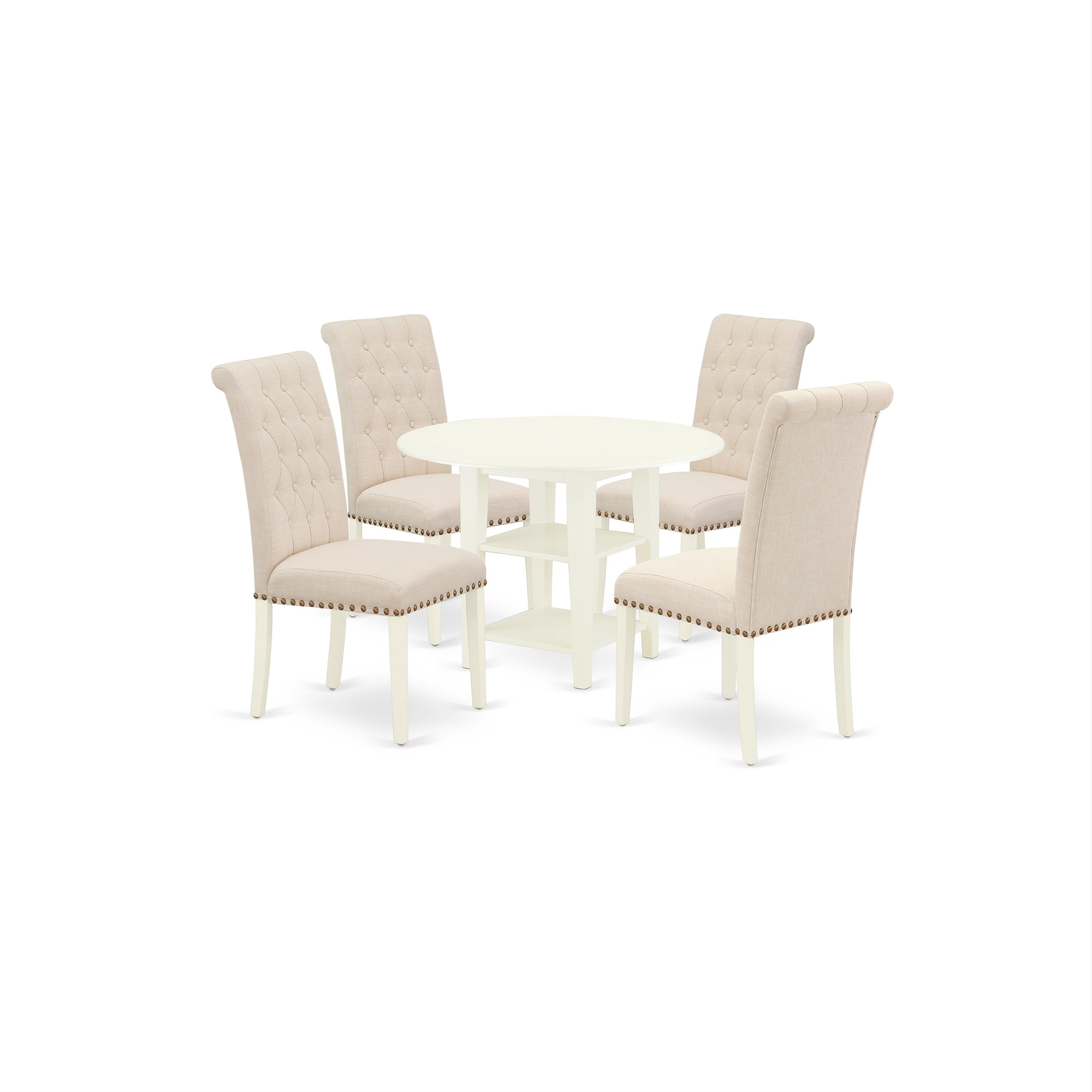 SUBR5-LWH-02 5Pc Dining Set Includes a Round Dining Table with Drop Leaves and Four Parson Chairs with Light Beige Fabric, Linen White Finish