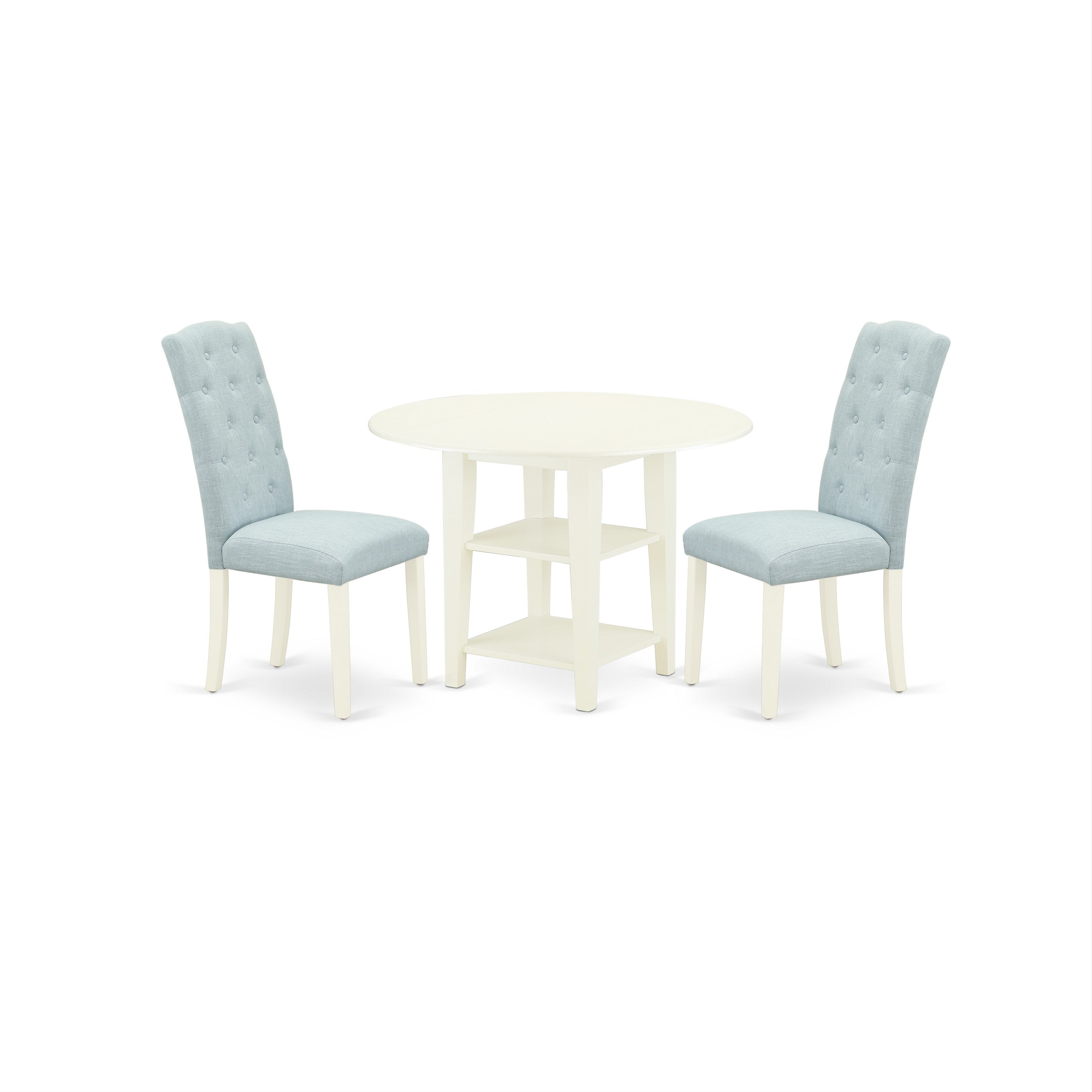 SUCE3-LWH-15 3Pc Dinette Set Includes a Round Dining Table with Drop Leaves and Two Parson Chairs with Baby Blue Fabric, Linen White Finish
