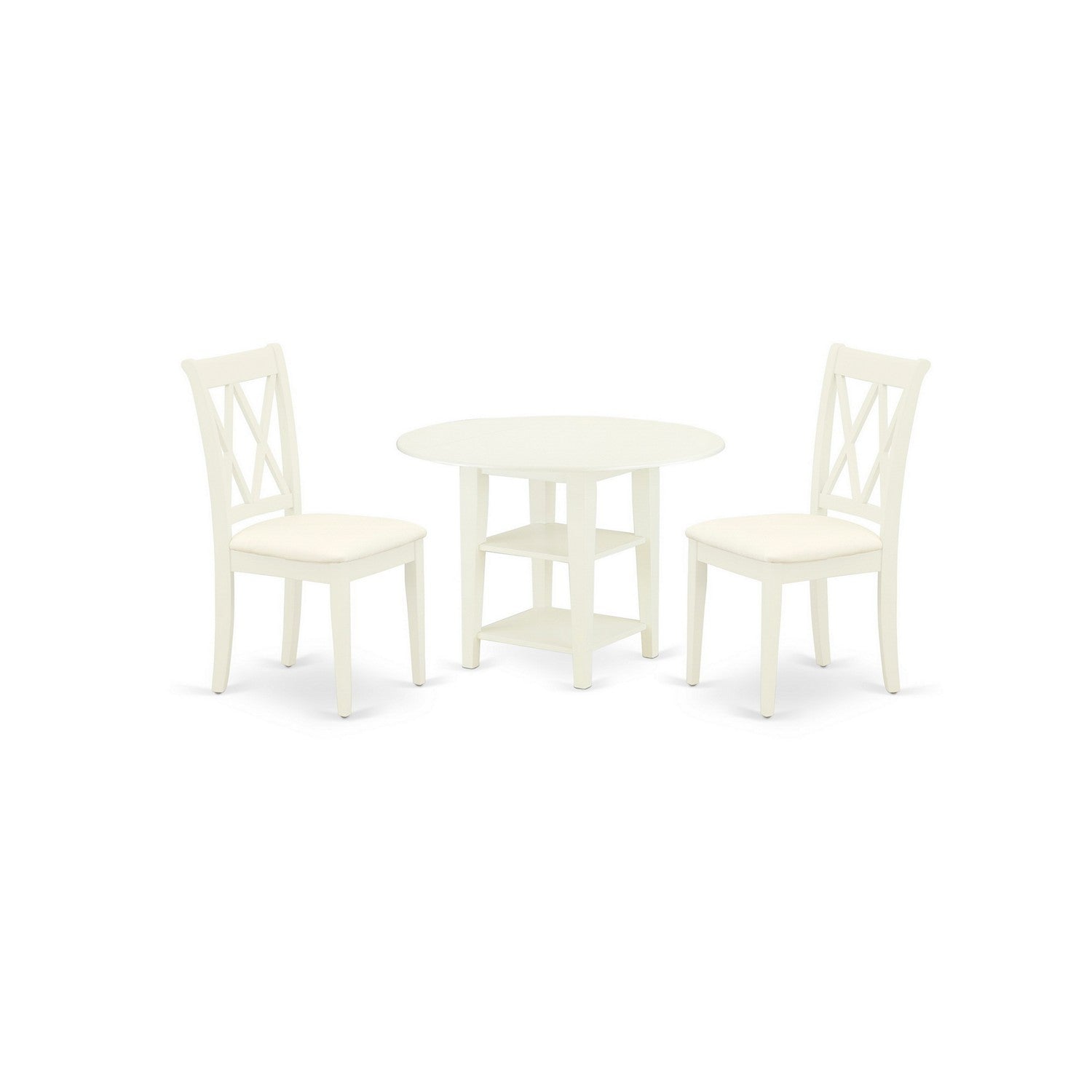 Juego de mesa de comedor de 3 piezas East West Furniture SUCL3-LWH-C. Incluye una mesa de comedor redonda con alas abatibles y estantes, y dos sillas tapizadas en tela de lino.