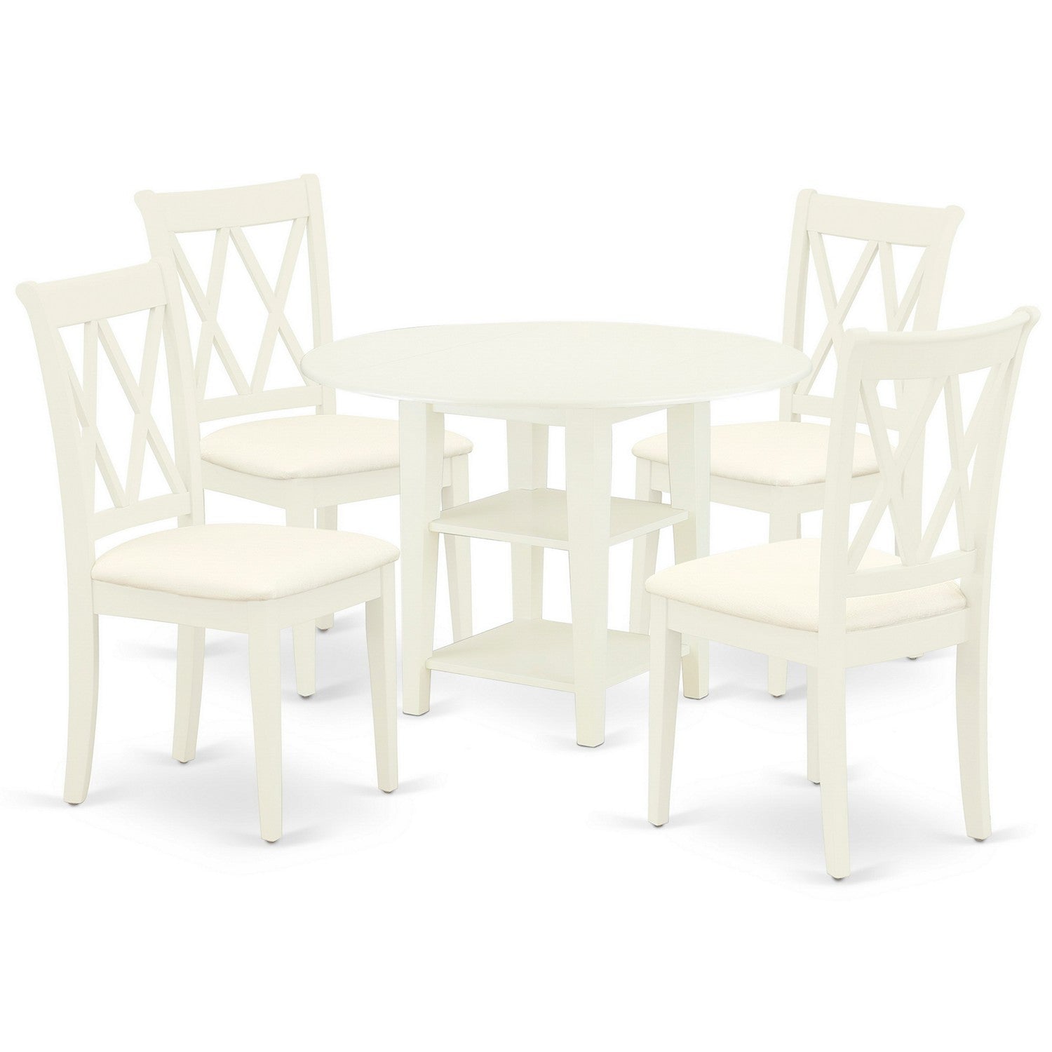 SUCL5-LWH-C 5Pc Dining Set Includes a Round Dining Table with Drop Leaves and Four Double X Back Linen seat Kitchen Chairs, Linen White Finish