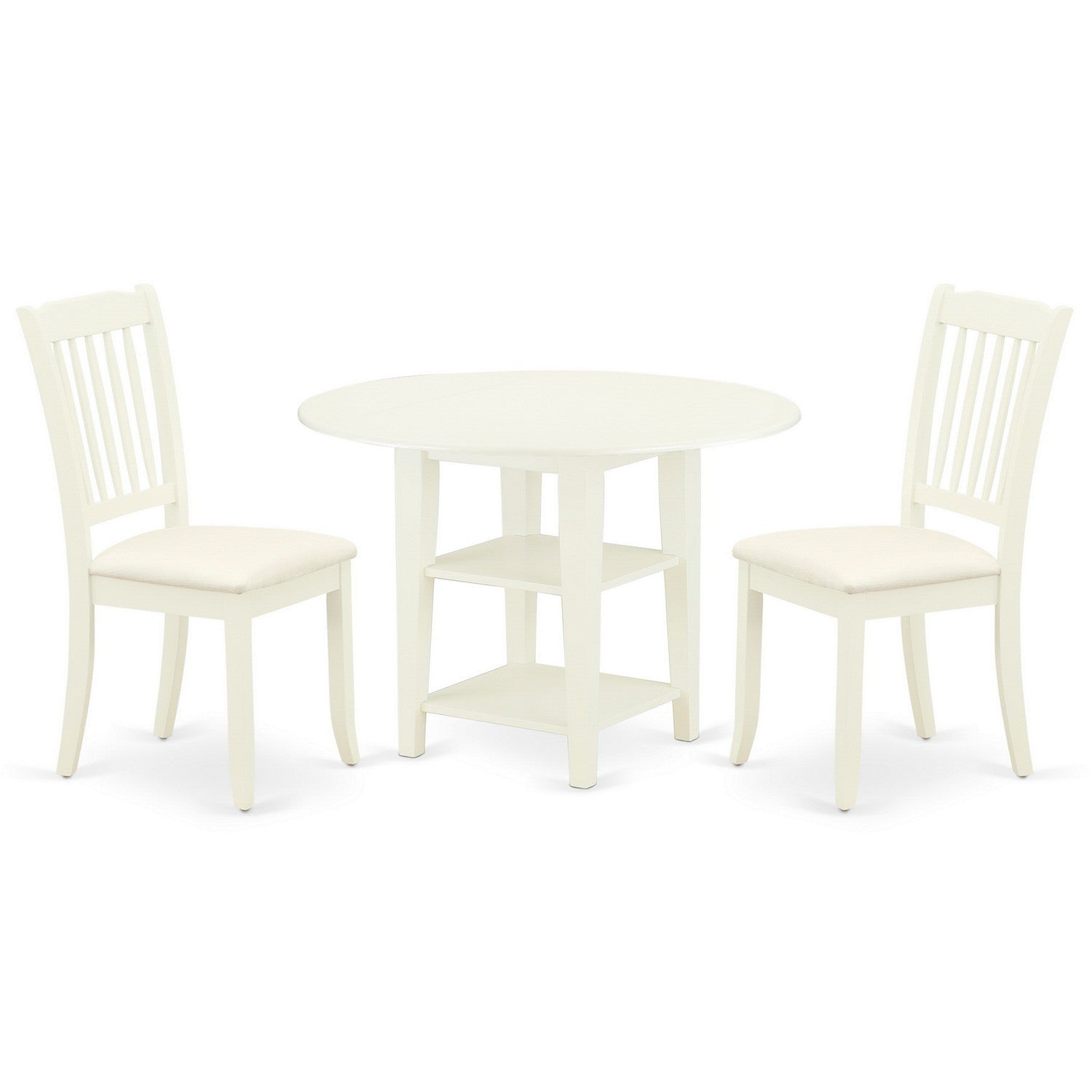 SUDA3-LWH-C 3Pc Dinette Set Includes a Round Dining Table with Drop Leaves and Two Vertical Slatted Linen seat Dining Chairs, Linen White Finish