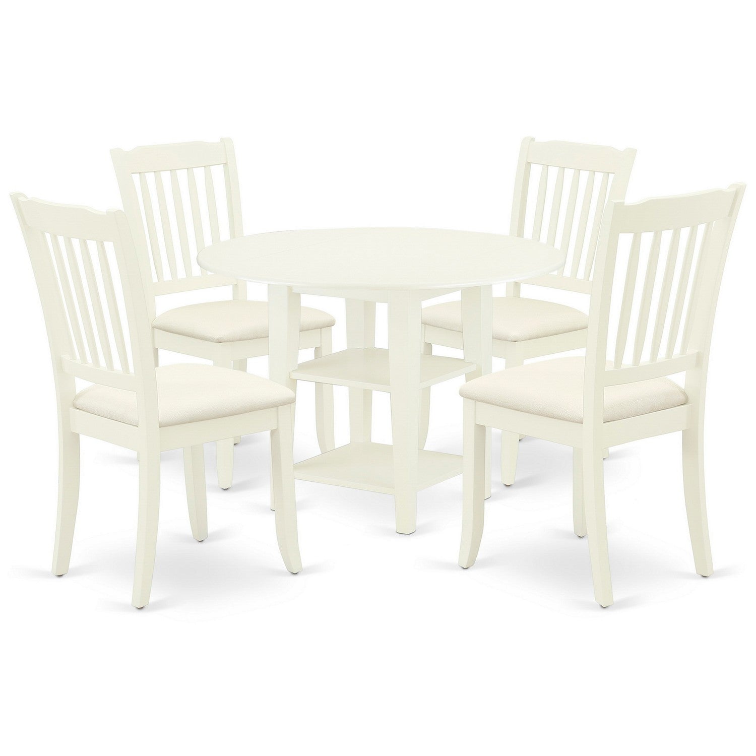 Juego de mesa de cocina de 5 piezas East West Furniture SUDA5-LWH-C para 4 personas. Incluye una mesa de comedor redonda con alas abatibles y estantes, y 4 sillas tapizadas en tela de lino.