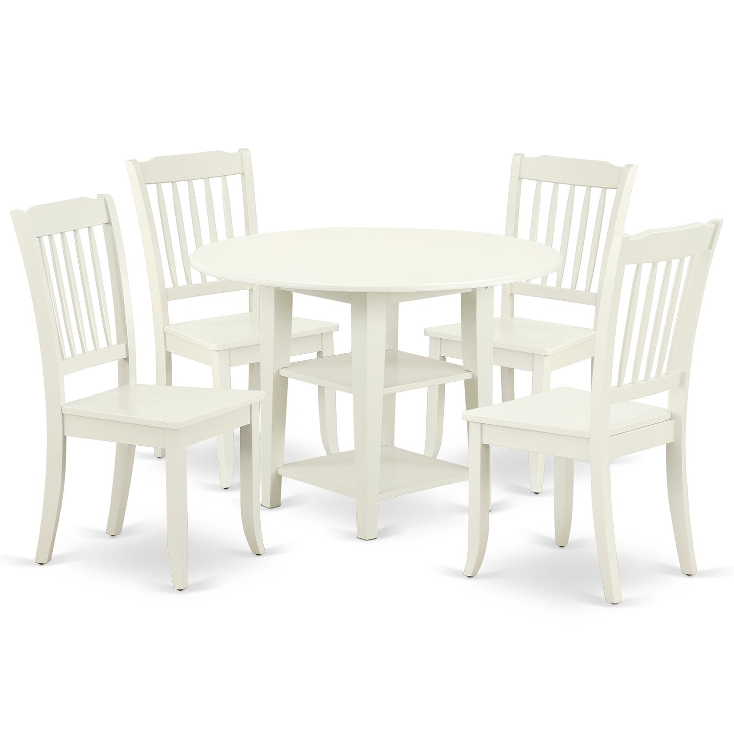 SUDA5-LWH-W 5PC Round 20/42 inch Table with two11-Inch Drop Leaves and 4 vertical slatted Chairs