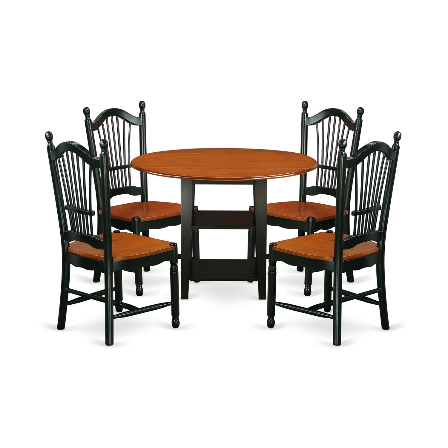 SUDO5-BCH-W 5 Piece Sudbury Set With One Round Dinette Table And four Dinette Chairs With Wood Seat In A Rich Black and Cherry Finish.