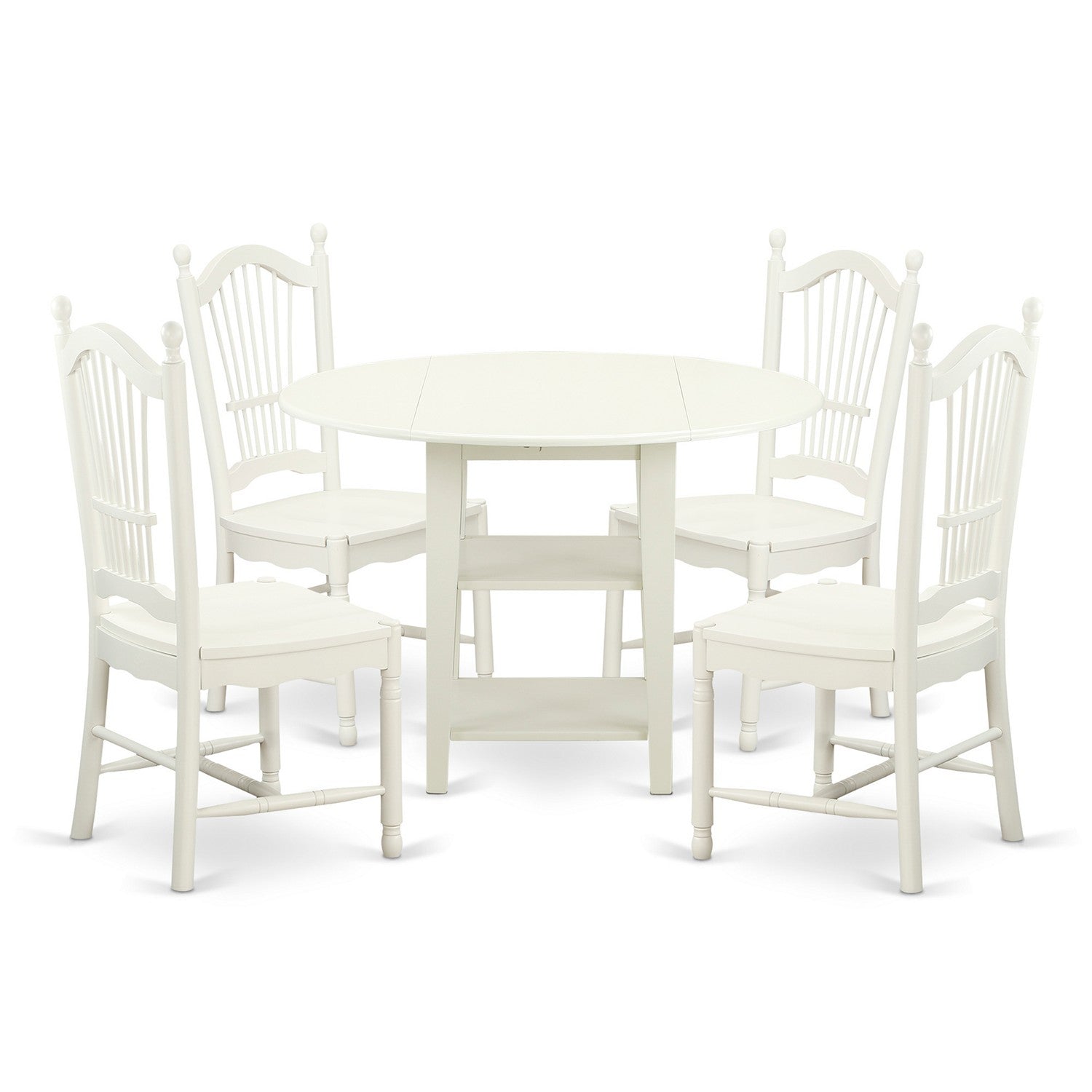 El juego de comedor de 5 piezas East West Furniture SUDO5-LWH-W incluye una mesa de cocina redonda con hojas abatibles y estantes, y 4 sillas de comedor.