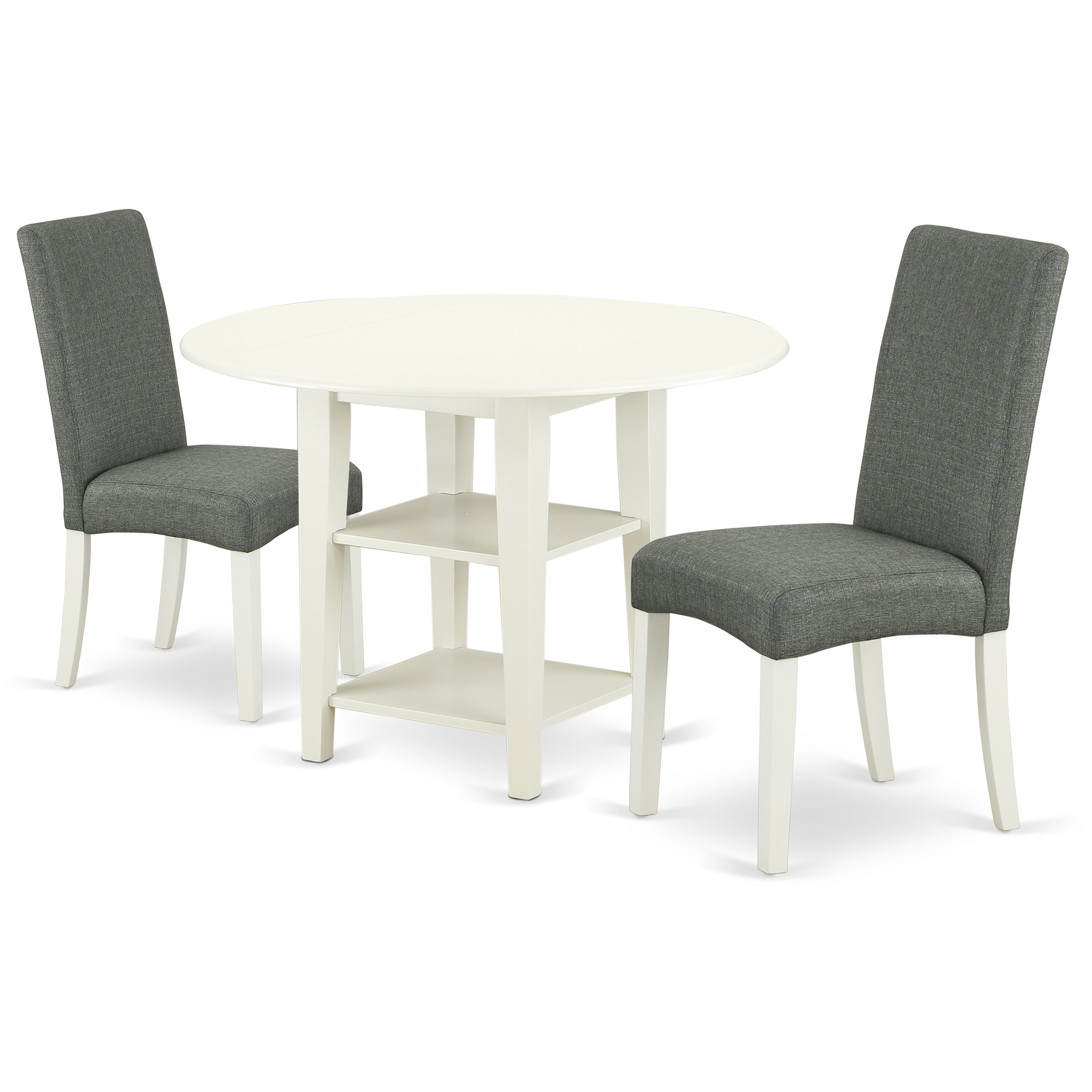 SUDR3-LWH-07 3Pc Rounded 20/42" Table With two 11-Inch Drop Leaves And 2 Parson Chair With Linen White Finish Leg And Linen Fabric- Gray Color