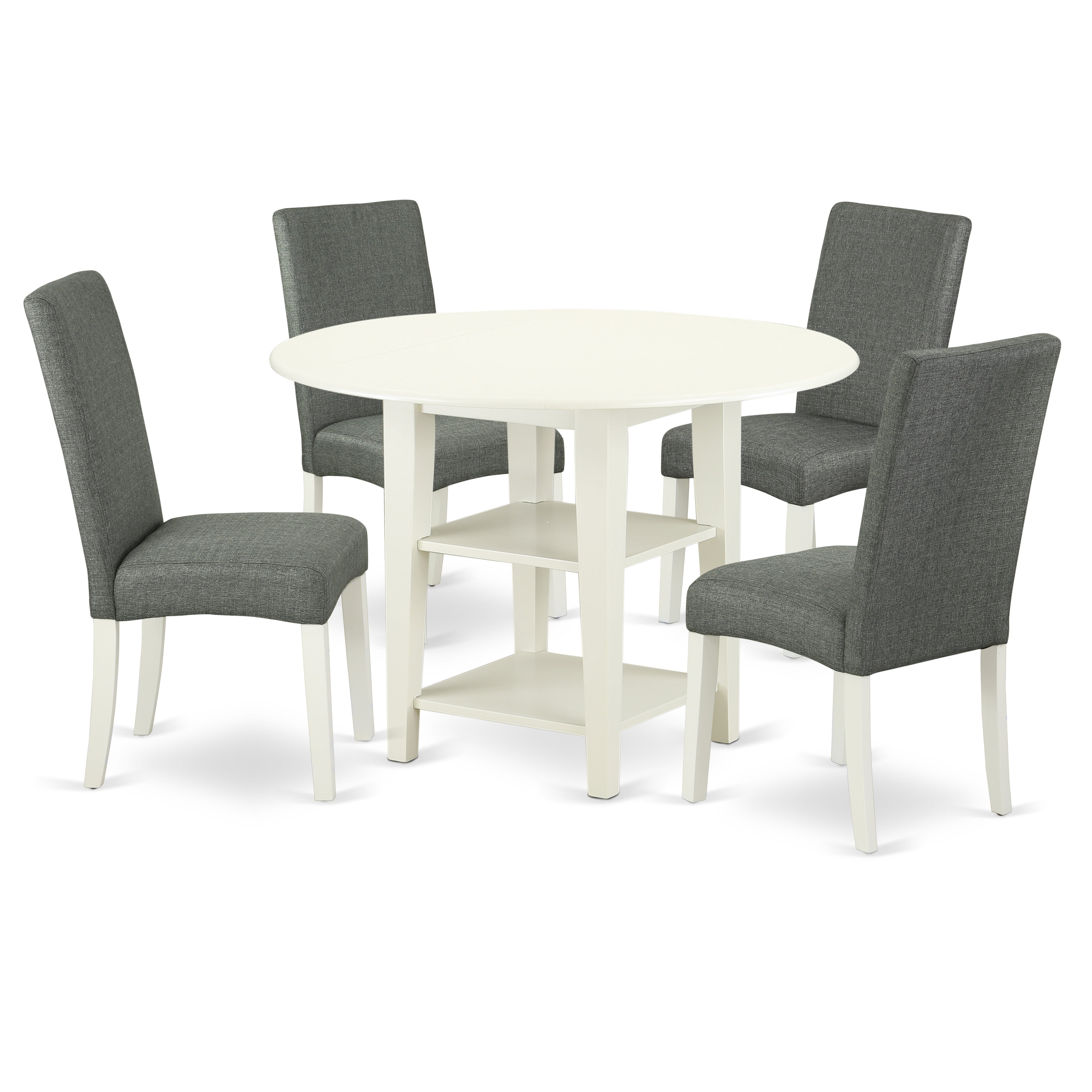 El juego de comedor de 5 piezas East West Furniture SUDR5-LWH-07 incluye una mesa de comedor redonda con alas abatibles y estantes, y 4 sillas Parson tapizadas en tela de lino gris.