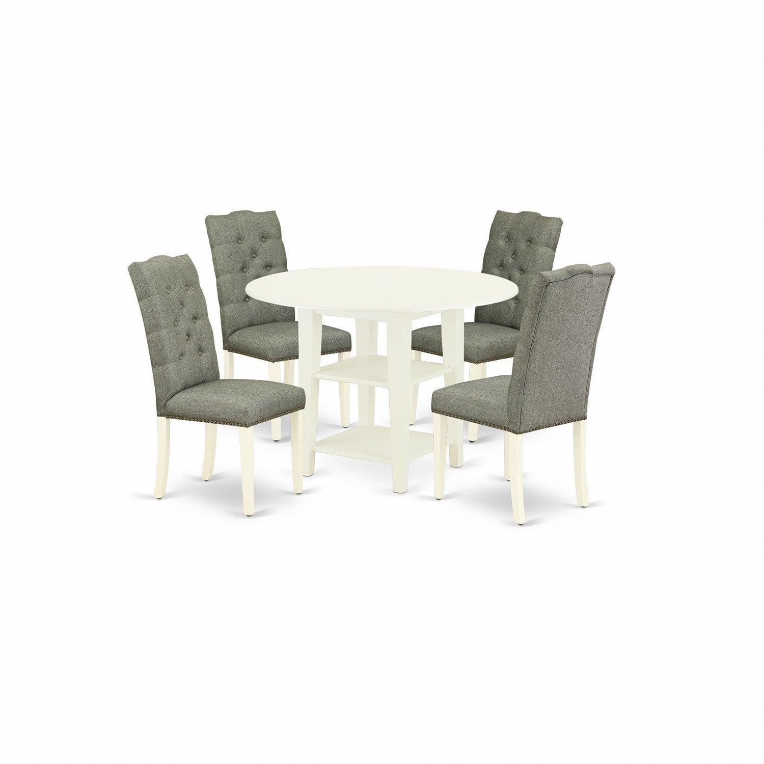 East West Furniture SUEL5-LWH-07 5-Piece dining table set- 4 person dining chairs and two shelves small round table solid wood frame � High back Button-tufted & Linen White Finish