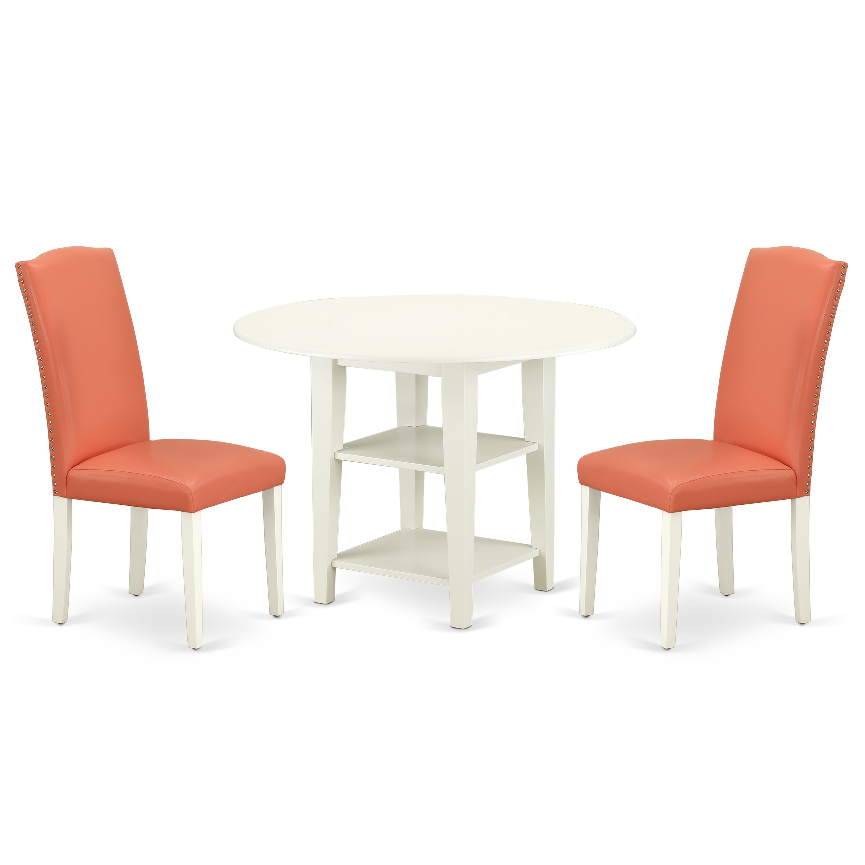 SUEN3-LWH-78 3Pc Rounded 20/42" Table With two 11-Inch Drop Leaves And 2 Parson Chair With Linen White Leg And Pu Leather Color Pink Flamingo