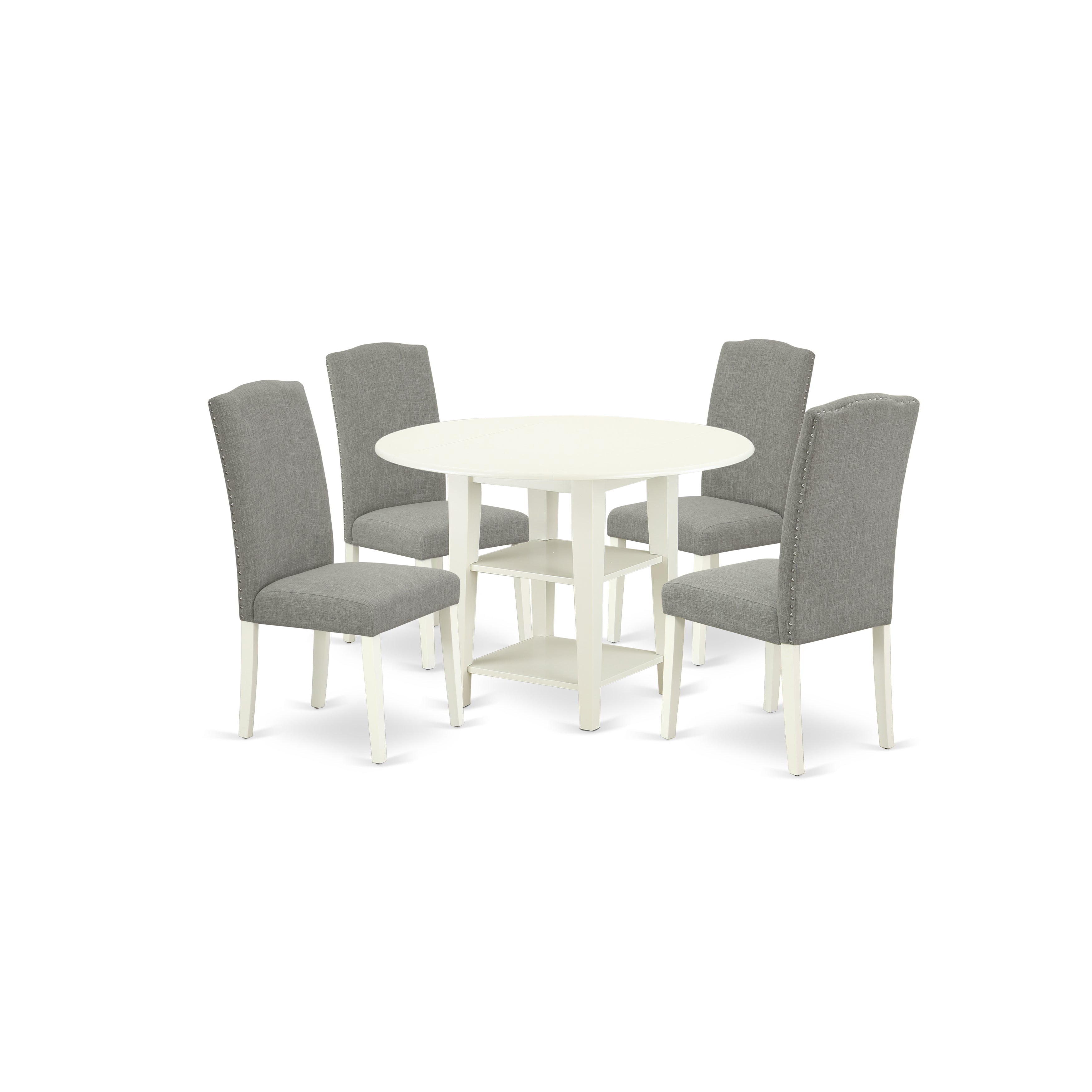 SUEN5-LWH-06 5Pc Round 20/42 Inch Dining Room Table With two 11-Inch-Inch Drop Leaves And Four Parson Chair With Linen White Leg And Linen Fabric Dark Shitake